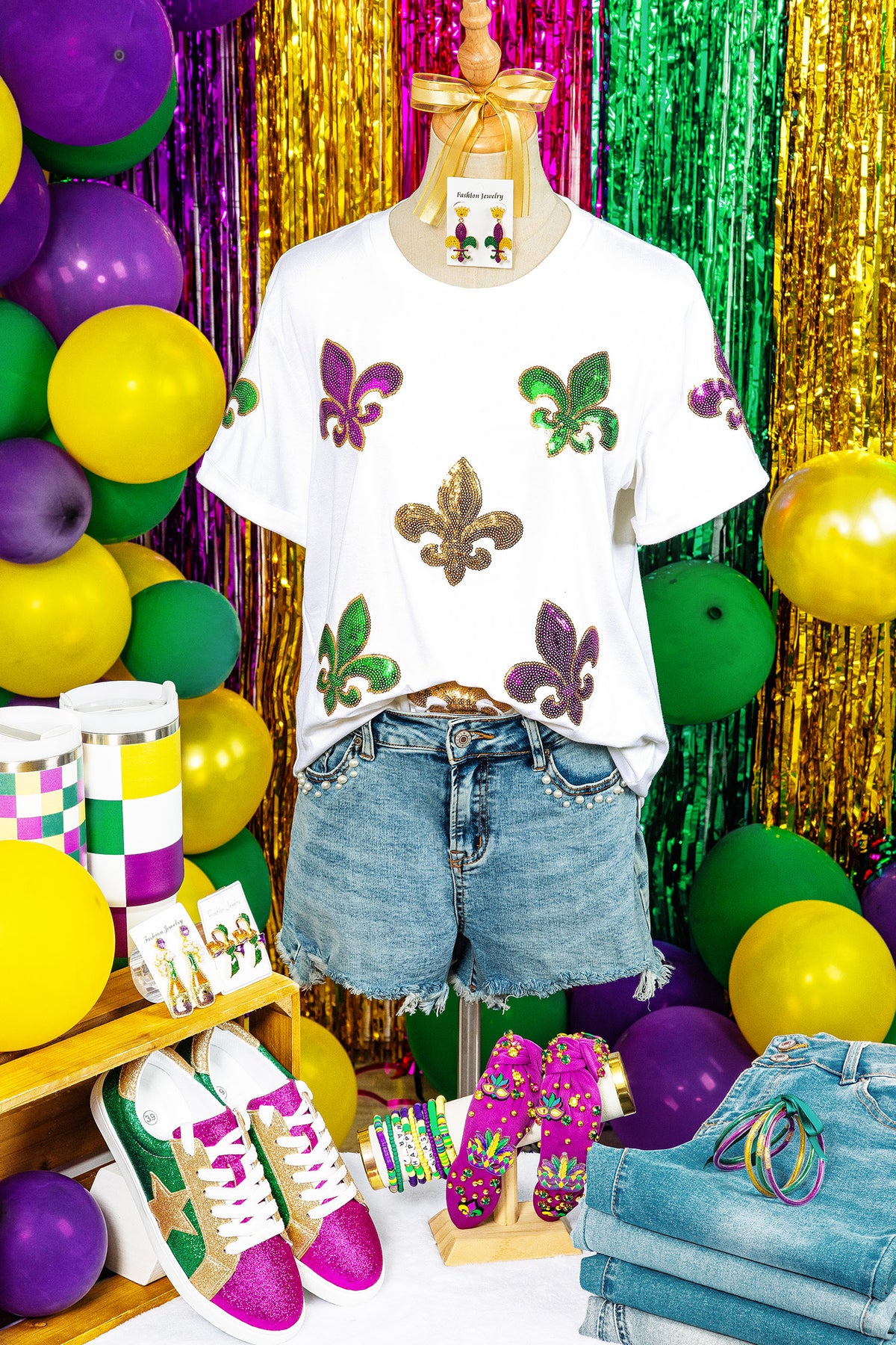 White Mardi Gras Fleur De Lis Sequin Graphic T-Shirt