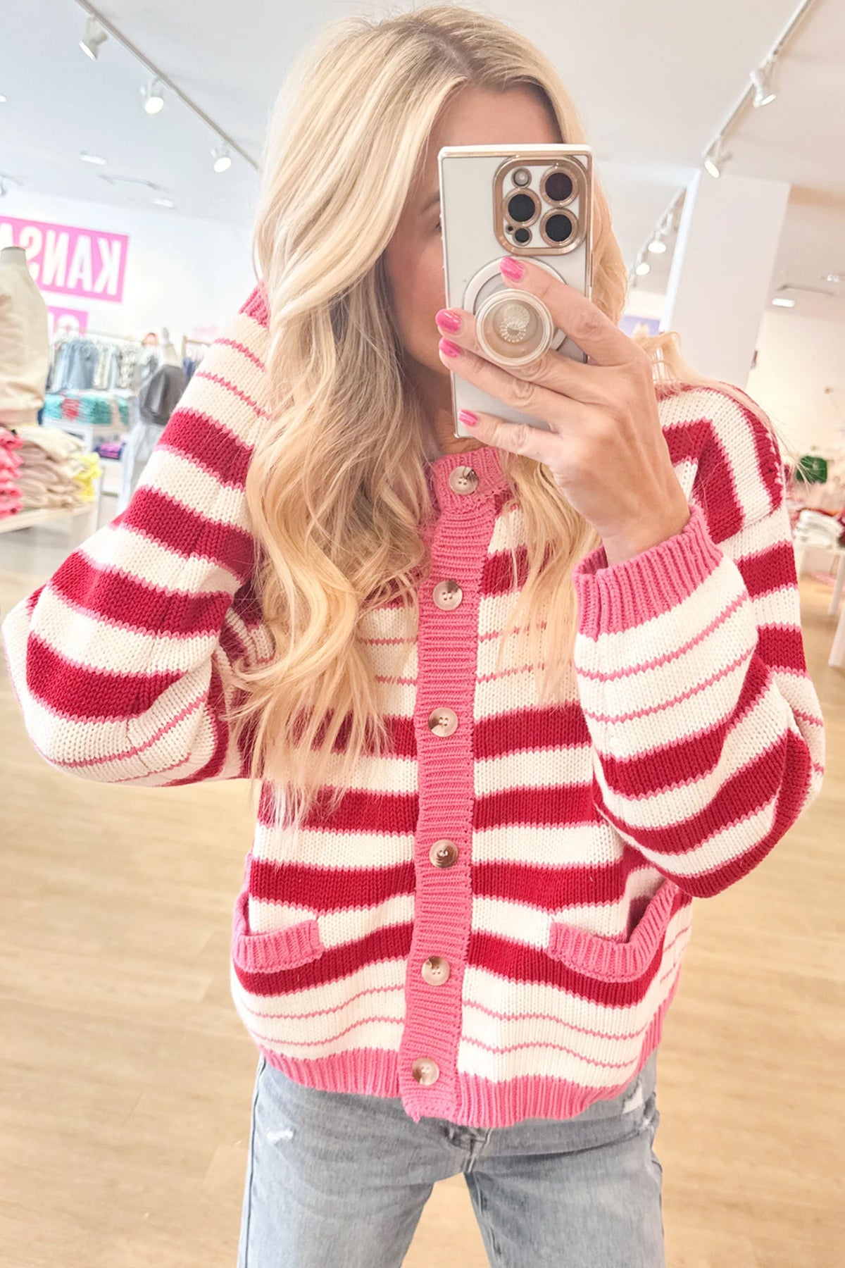 Red Stripe V Neck Long Sleeve Cardigan