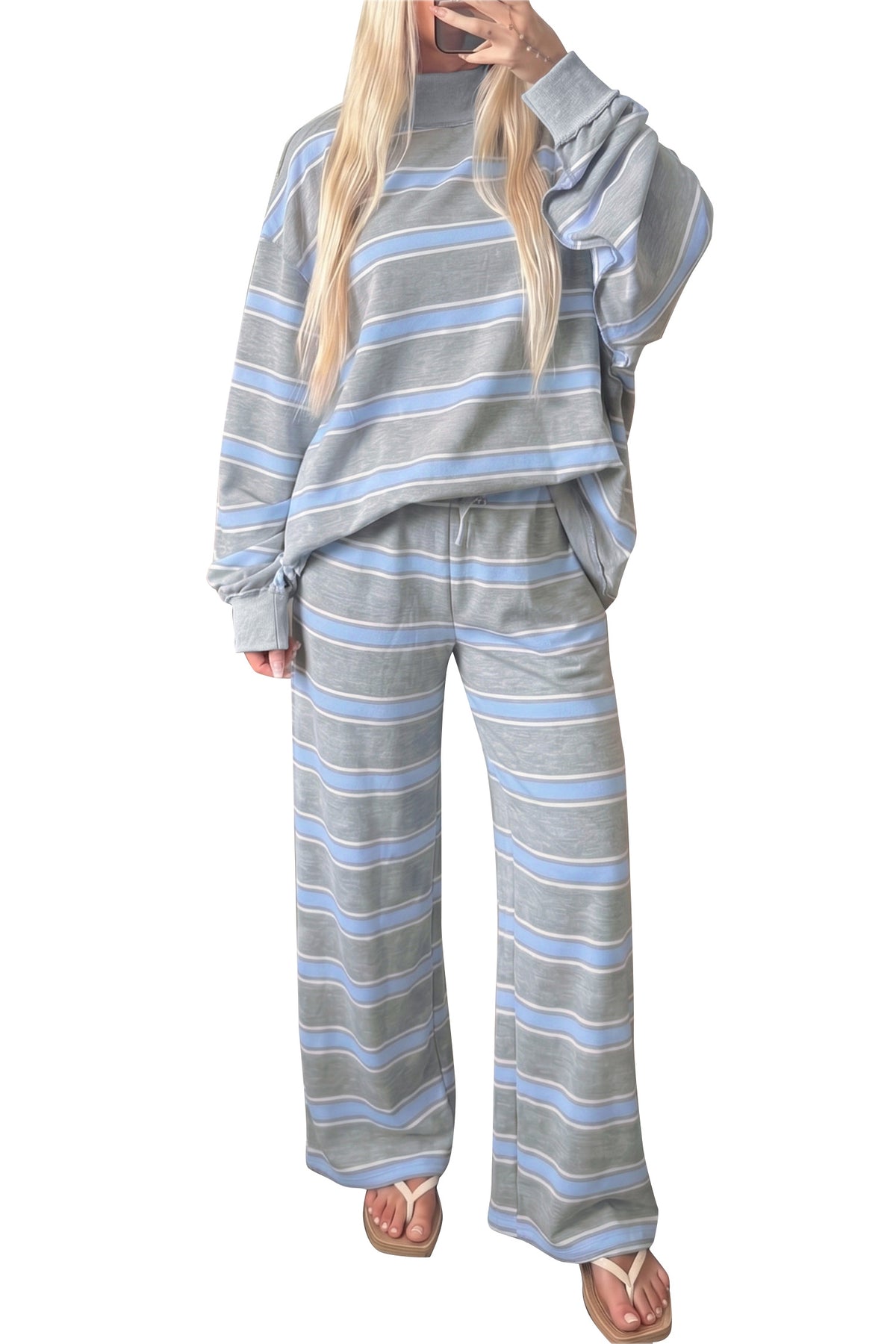Pink Stripe Mock Neck Top and Loose Pants Set
