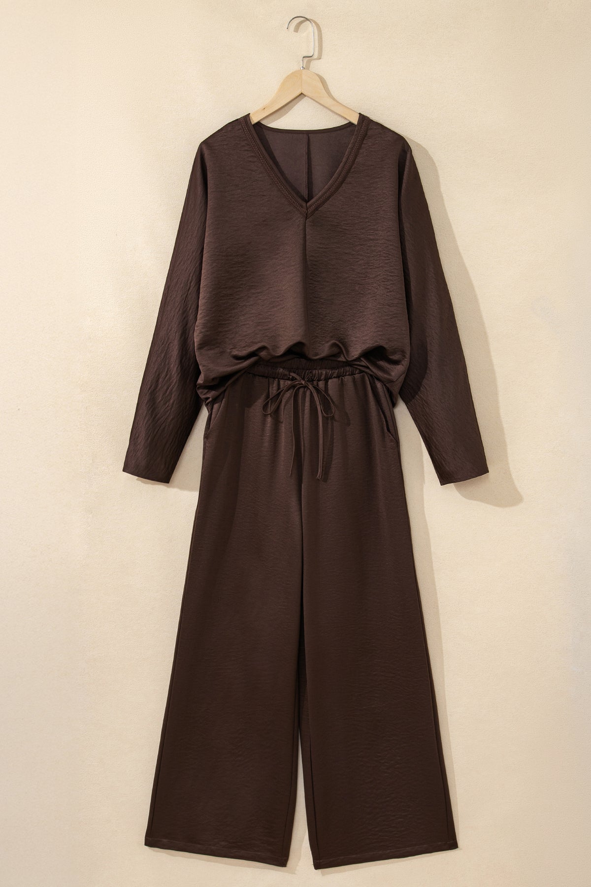 Women's Dark Brown Braided V-Neck Top & High-Waist Pants Two-Piece Outfit Set