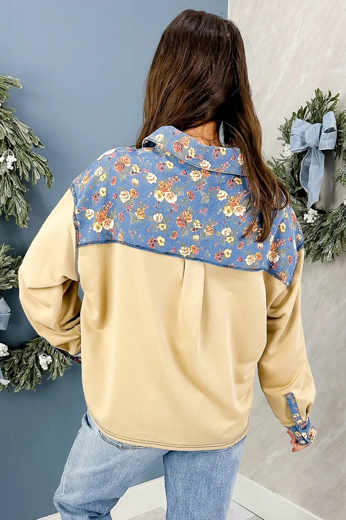 Apricot Floral Denim Patchwork Collar V Neck Top