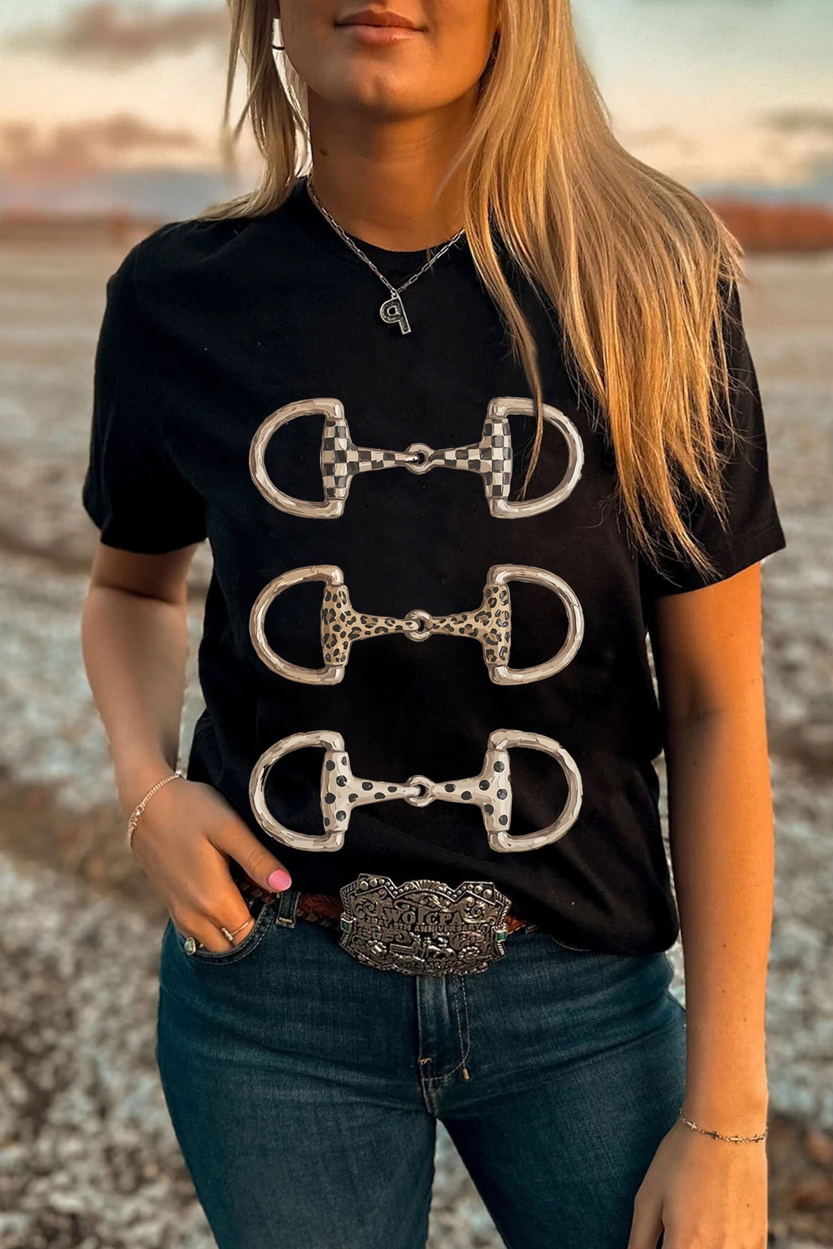 Black Western Horse Bit Printed Relaxed T-Shirt