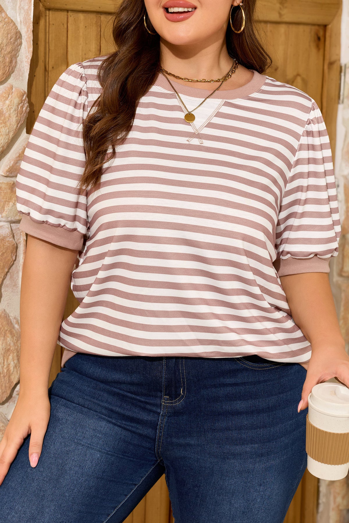 Orange Stripe Ribbed Trim Round-Neck Short Puff-Sleeve Plus T-Shirt
