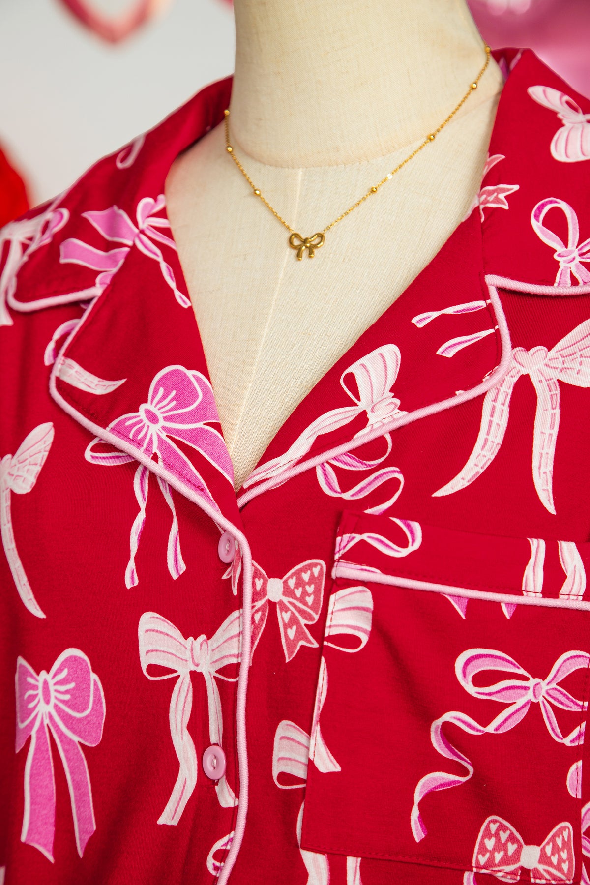 Red Sweet Bow Print Ruffled Short Sleeve Shirt Shorts Pajama Set