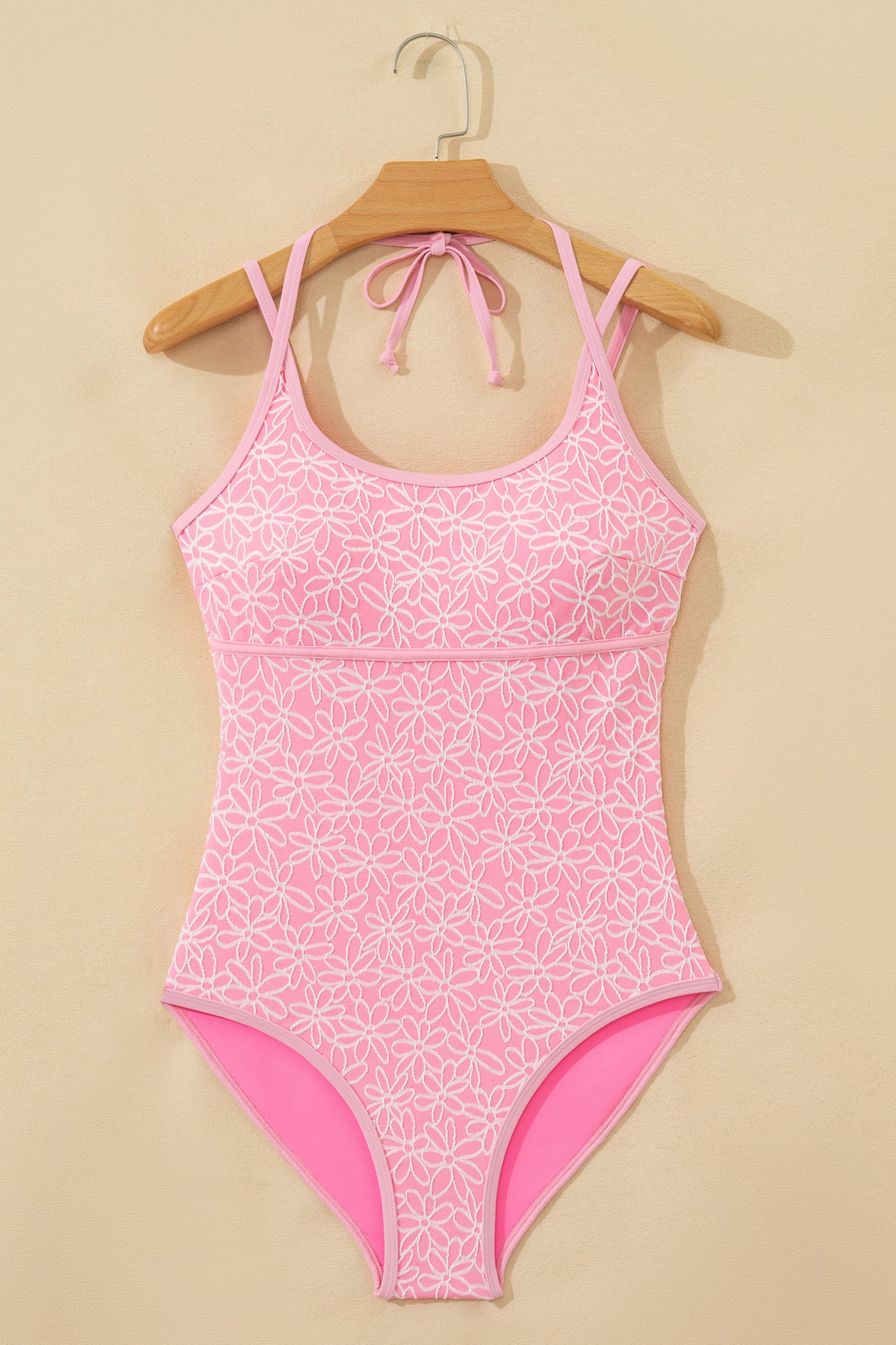 Pink Floral-Texture Halter One-Piece