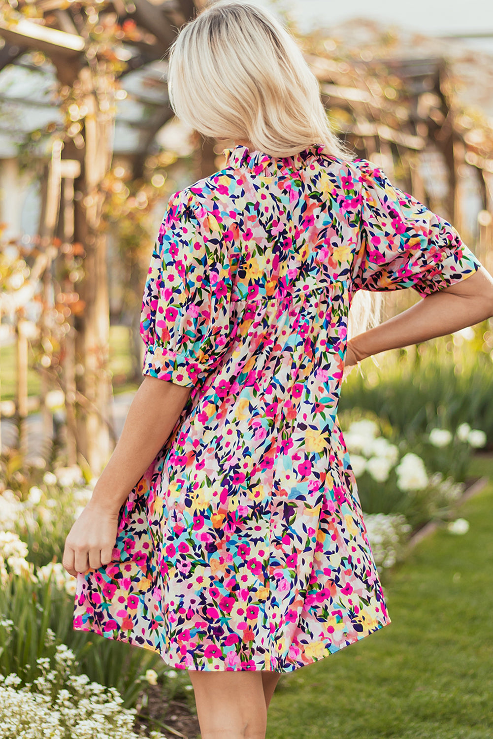 Pink Floral Puff Short Sleeve V Neck Mini Dress
