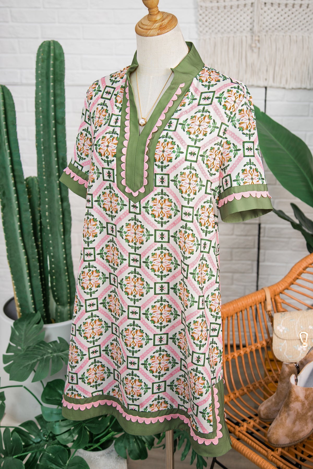 Multicolour Boho Geometric Flower Print Short Sleeve Mini Dress