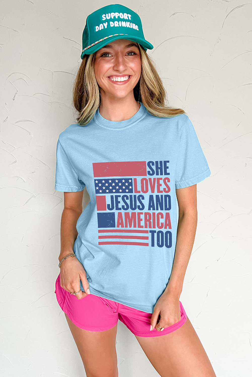 Light Blue SHE LOVES JESUS AND AMERICA TOO Flag Graphic T-Shirt