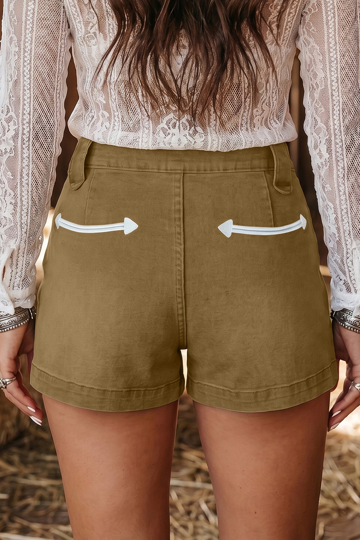 Pale Khaki Contrast Arrow Western Denim Shorts