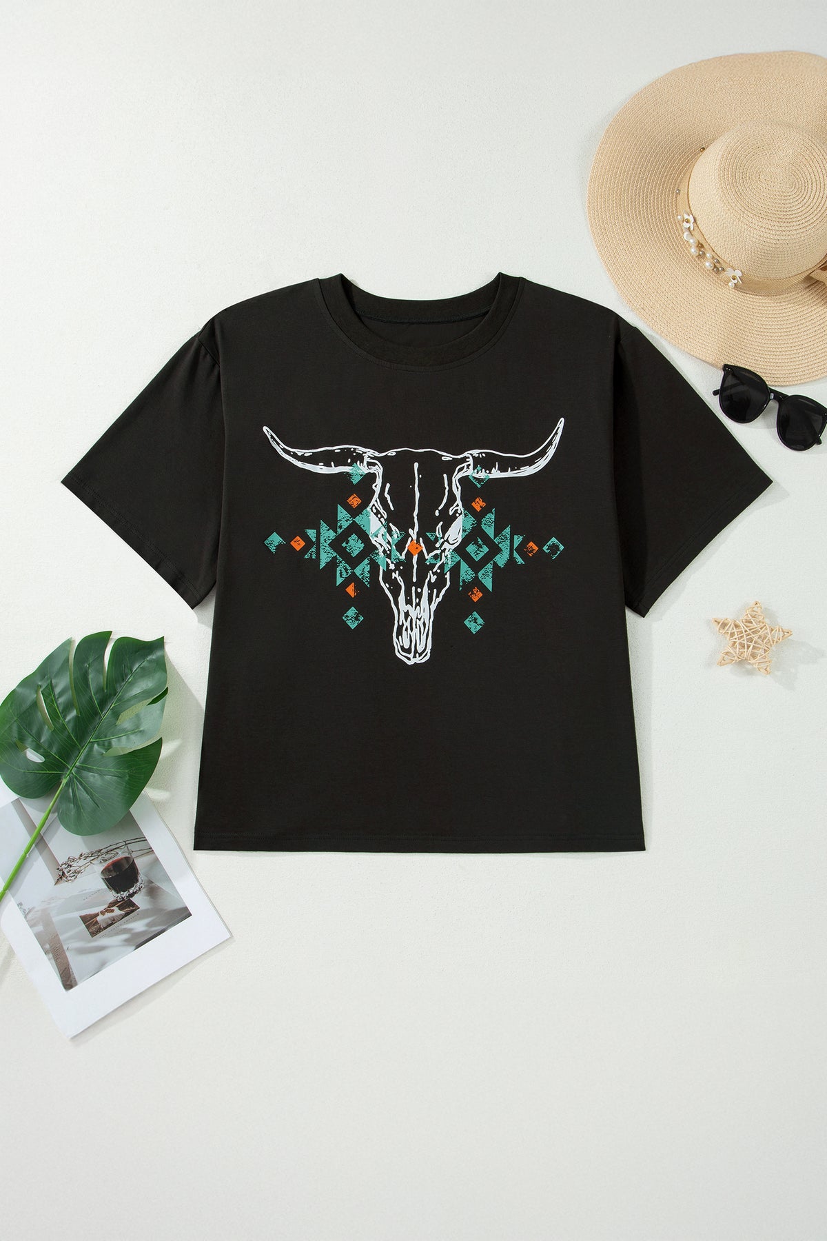 Carbon Grey Plus Size Western Aztec Bull Skull Printed T-Shirt