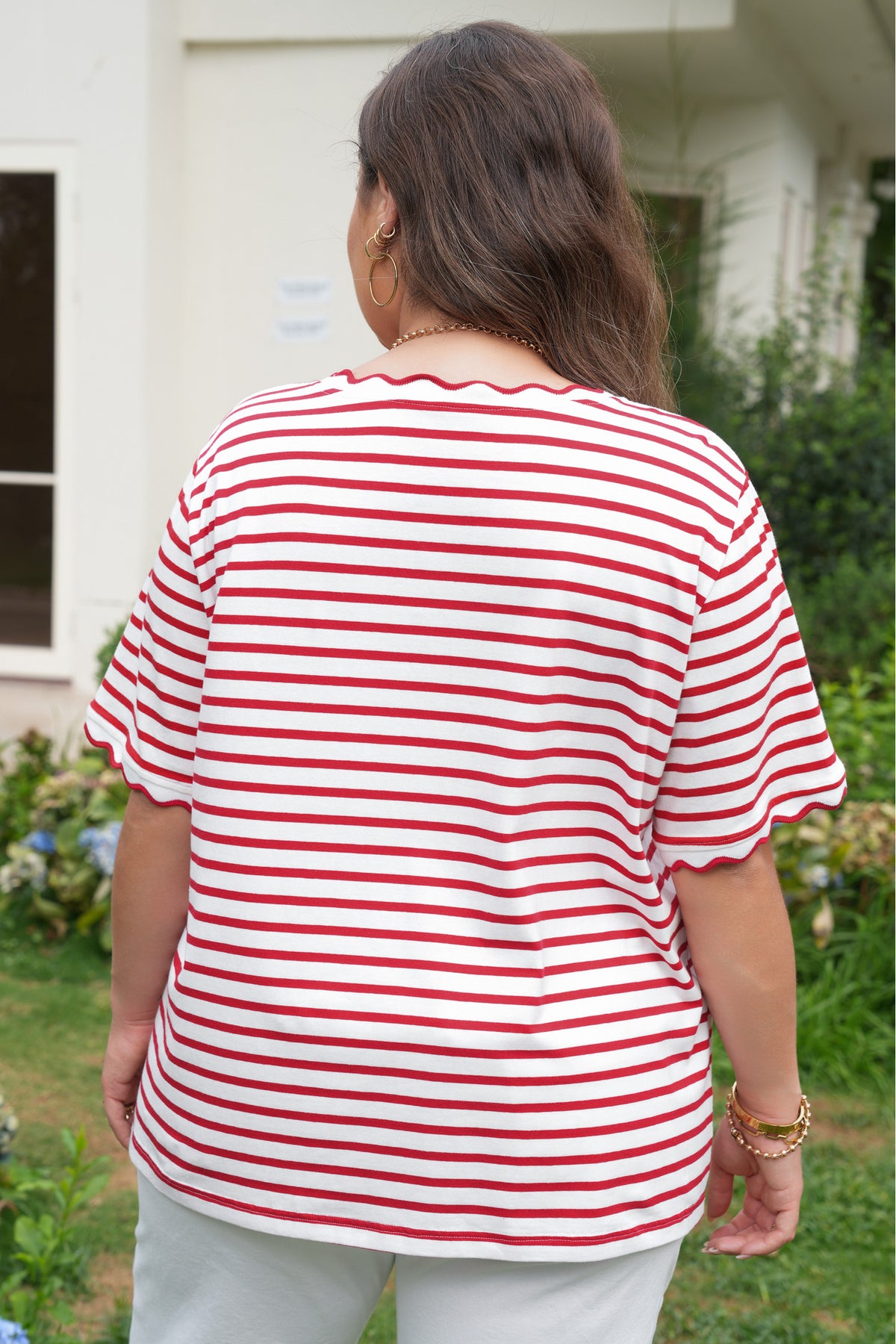 Red Stripe Plus Size Scalloped Trim Round-Neck Short-Sleeve Top
