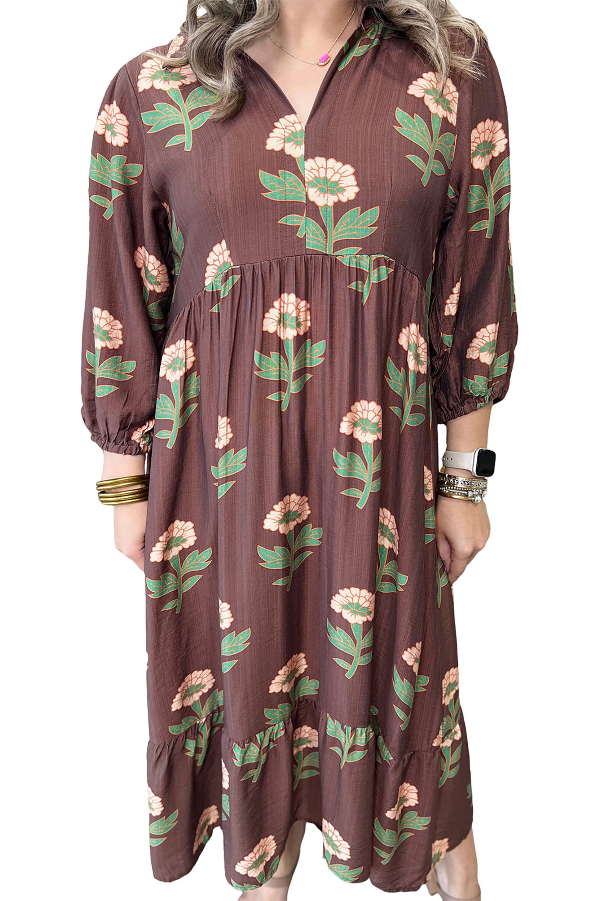 Brown Floral Print V-Neck Long-Sleeve Loose Shift Plus Size Dress