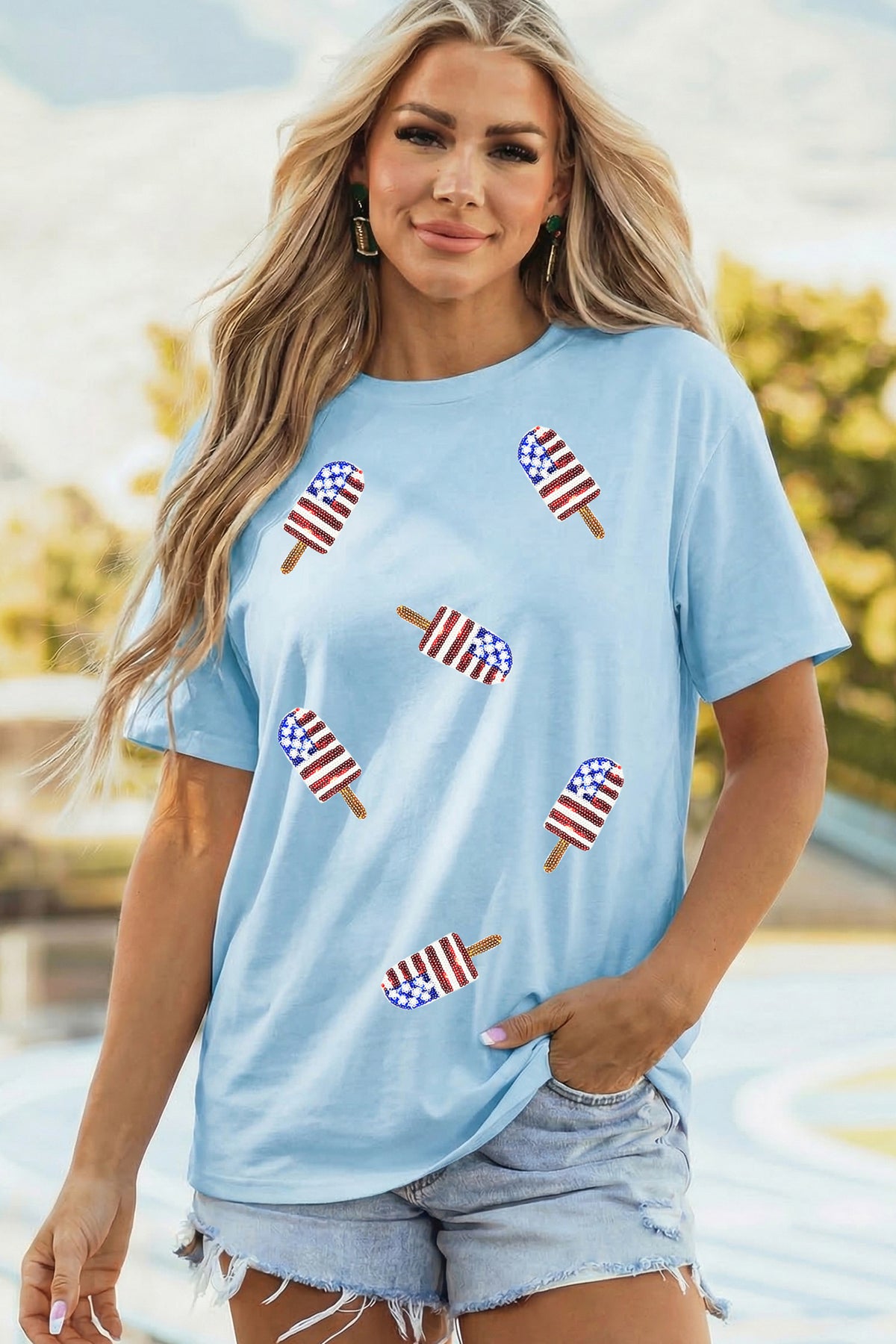 Light Blue Patriotic Sequin Popsicle T-Shirt