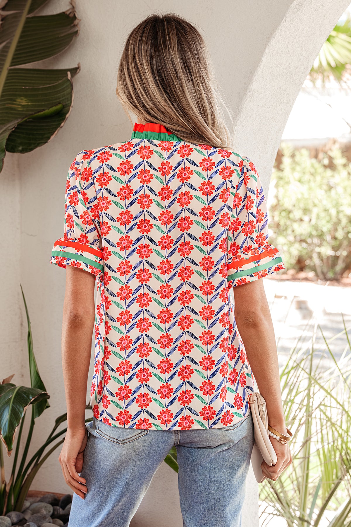 Red Floral Print Striped Detail V Neck Ruffled Short Sleeve Blouse
