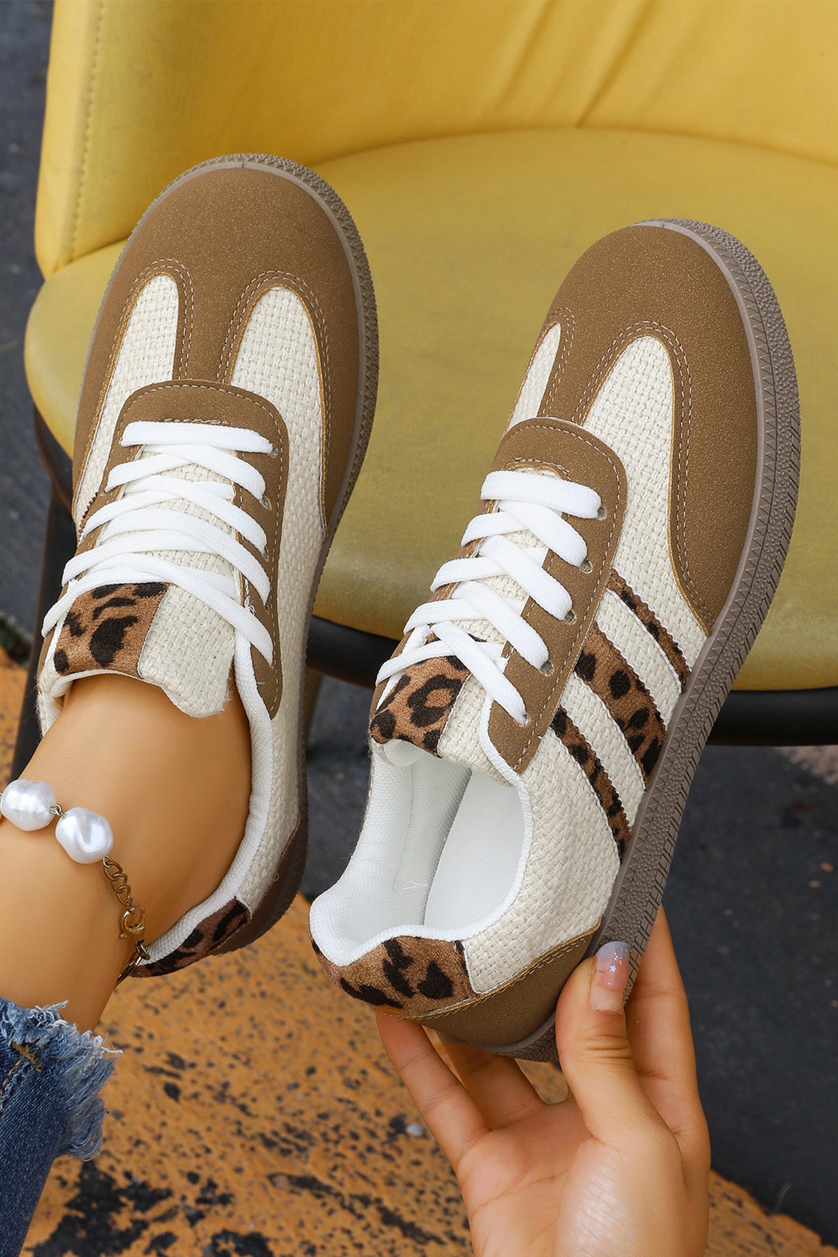 Coffee Color Block Leopard Patchwork Lace-up Sneakers