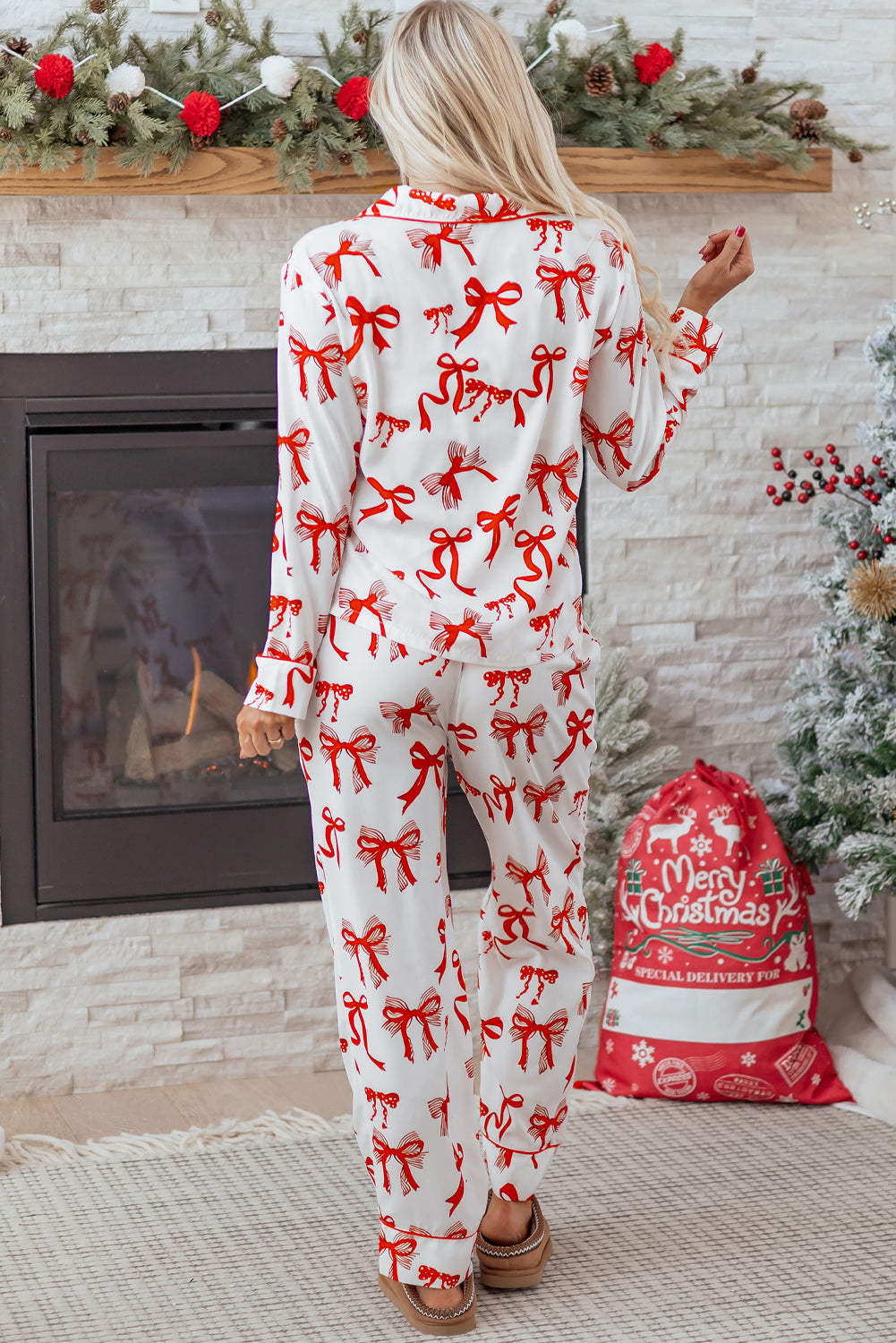 Red Christmas Bow Print Long Pajama Set