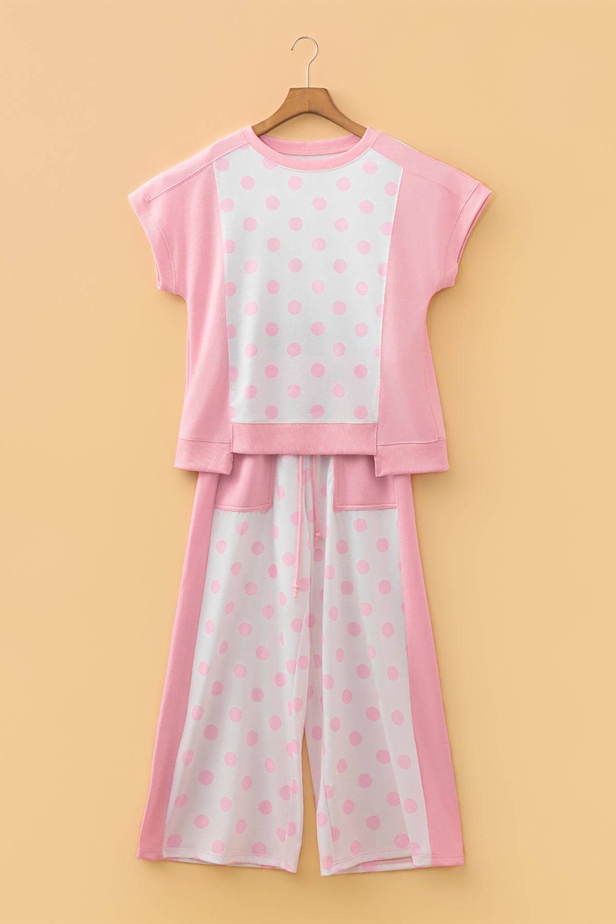 Women's Pink Color Block Patchwork Polka Dot Wide-Leg Pants Set