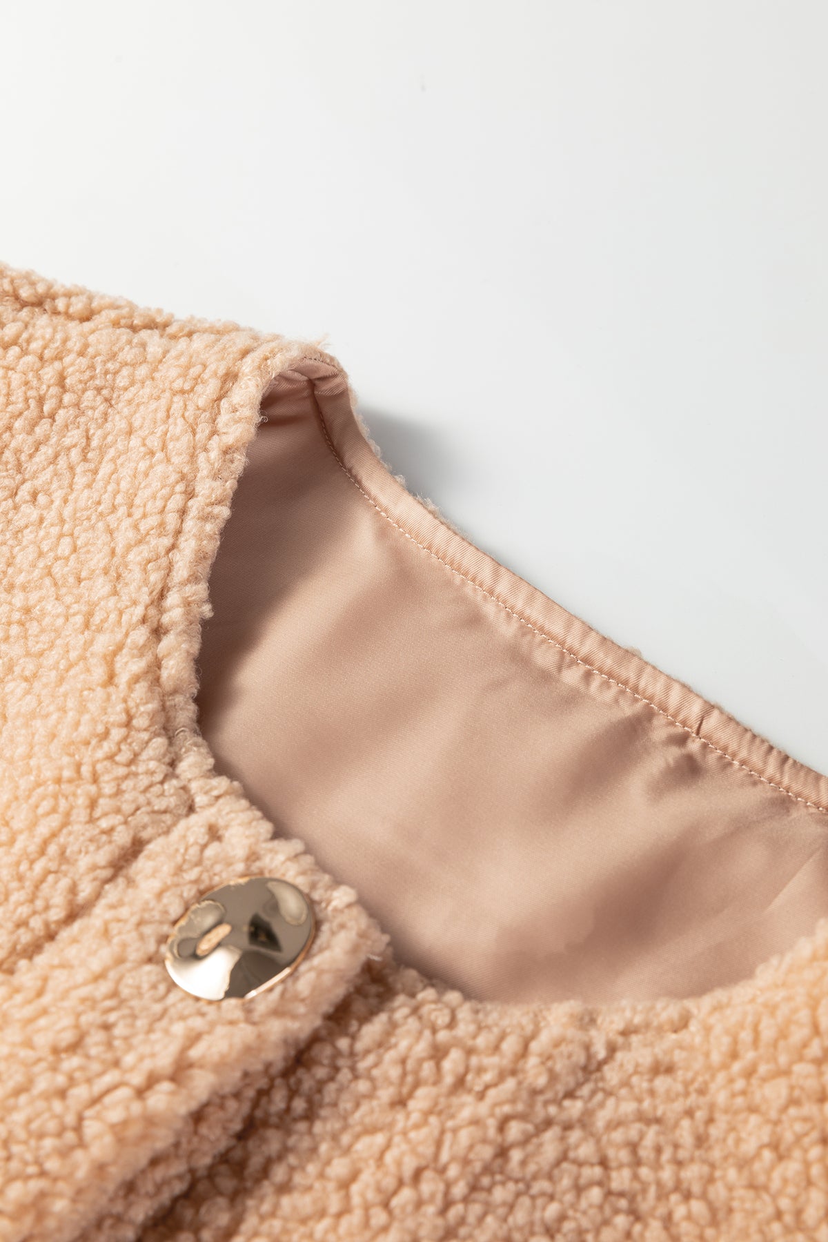 Light French Beige Big Button Accent Fuzzy Pocket Vest