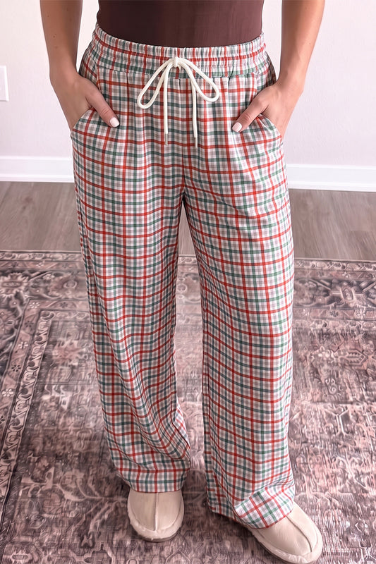 Multicolour Festive Plaid Drawstring Elastic Waist Pants