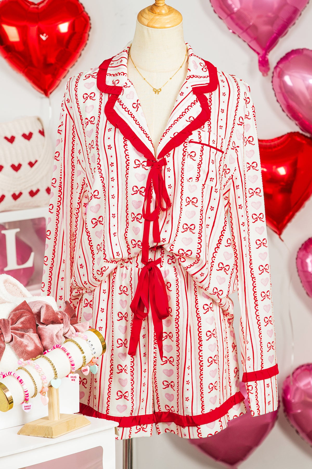 Red Floral Heart Bow Print Long Sleeve Shirt Pajama Short Set