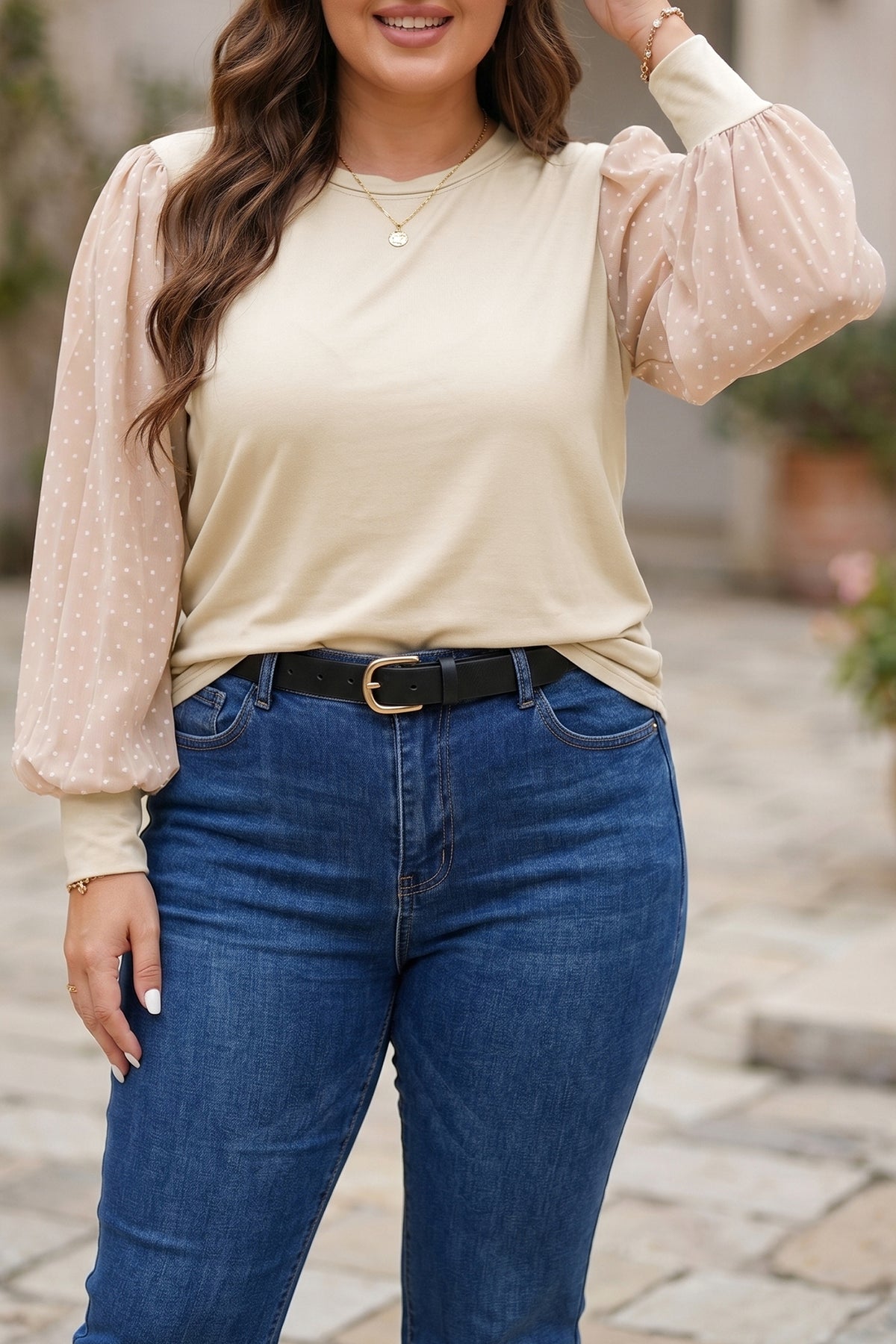 Parchment Polka Dot Long-Sleeve Round-Neck Plus Size Blouse