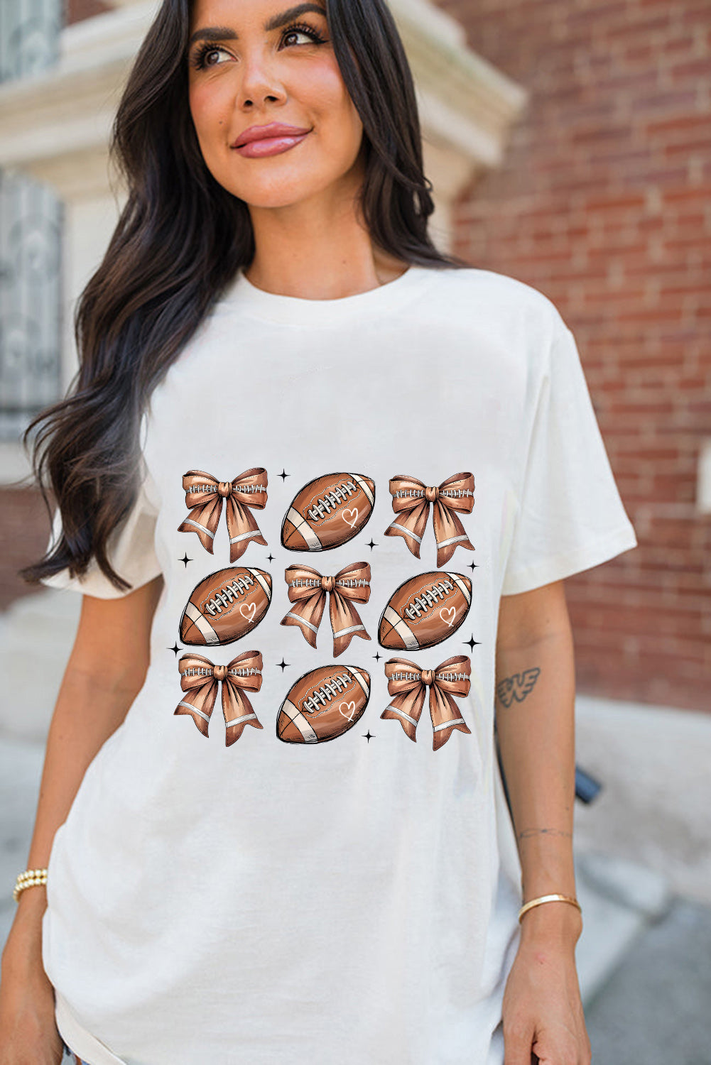 White Football Fashion Bow Print Cotton Blend T-Shirt