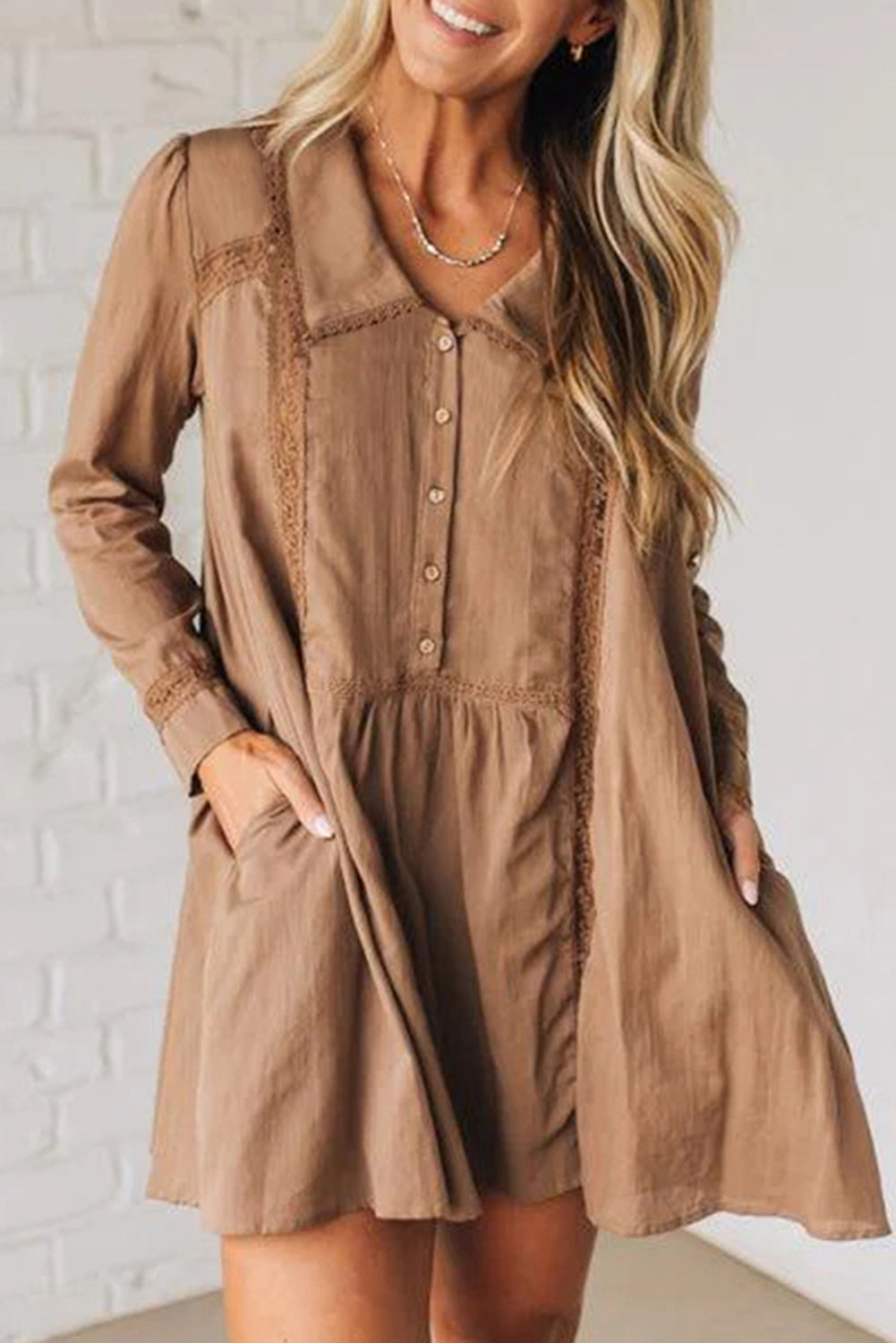 Straw Yellow Lace Trim Peter Pan Collar Long Sleeve Mini Shirt Dress