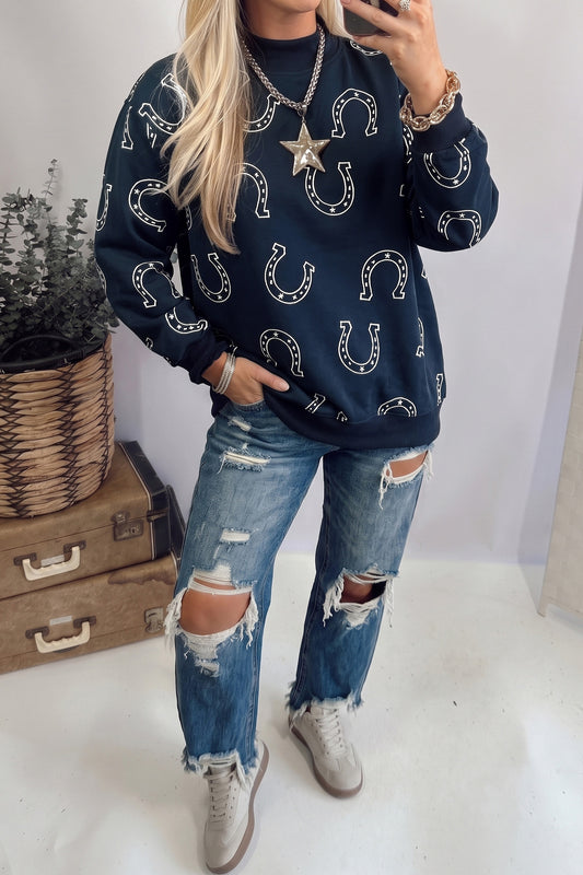 Blue Western Horseshoe Print Mock Neck Sweatshirt