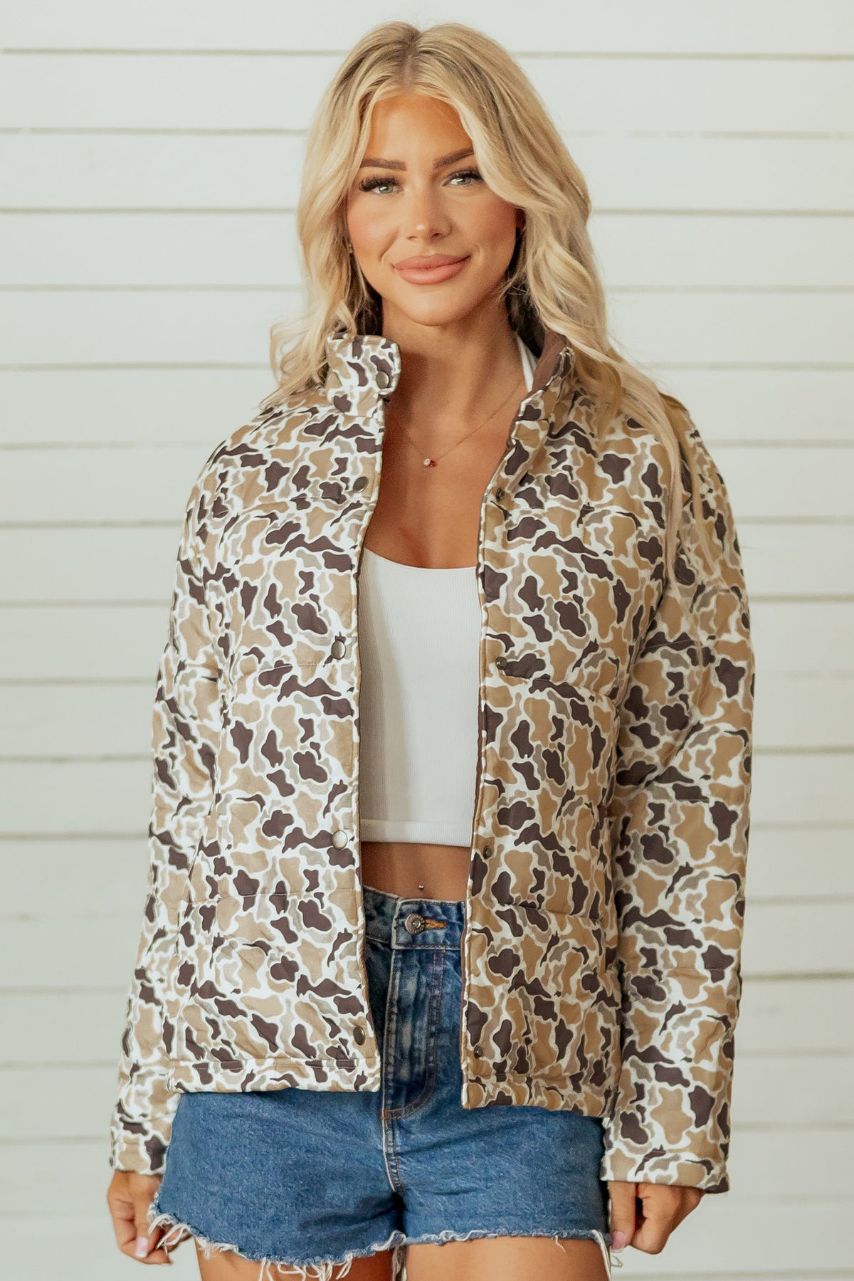 Multicolour Camouflage Quilted Metal Button Collar Puffer Coat