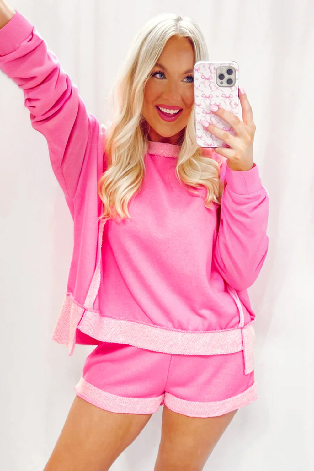 Women's Sachet Pink High Low Patchwork Long-Sleeve Top & Shorts Set