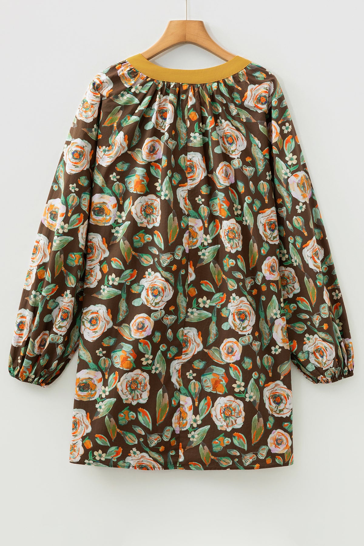 Brown Floral Print V Neck Pocketed Long Sleeve Mini Dress
