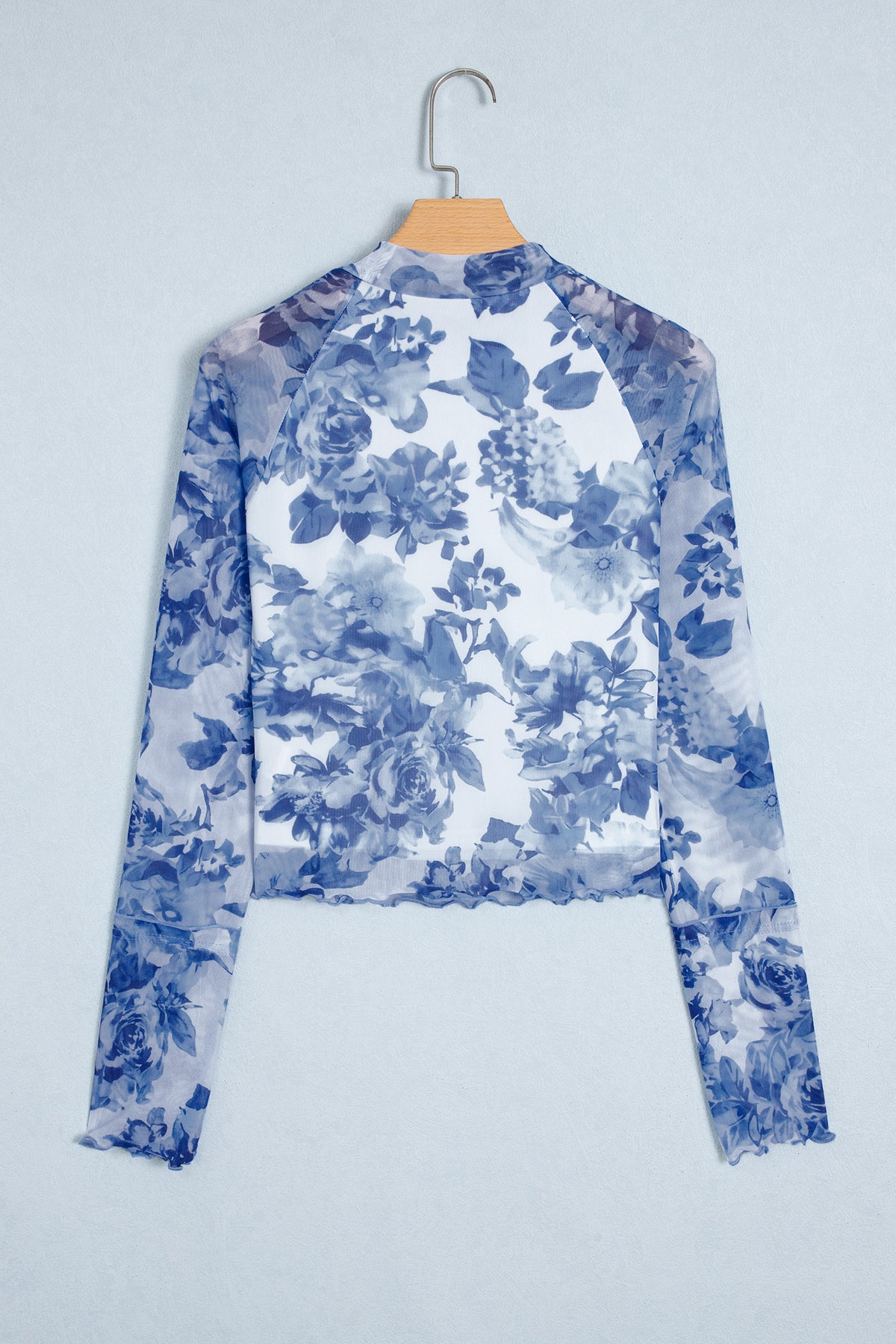 Sky Blue Floral Print Stand Neck Mesh Top