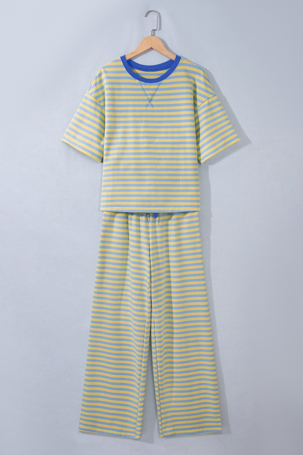 Women's Yellow Stripe Colorblock Trim Crewneck Loose Tee Drawstring Elastic Waist Two-Piece Pants Set