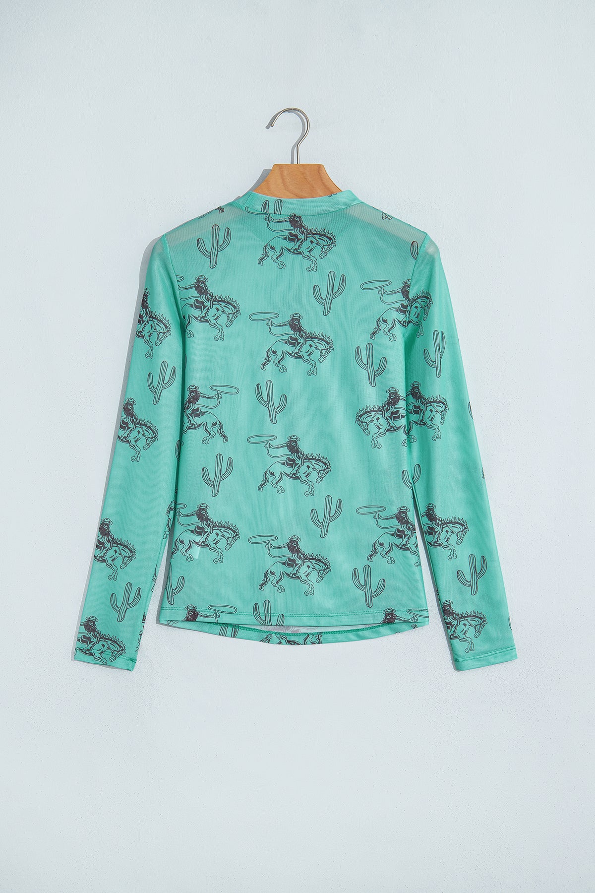 Aruba Blue Western Print High Neck Sheath Mesh Top