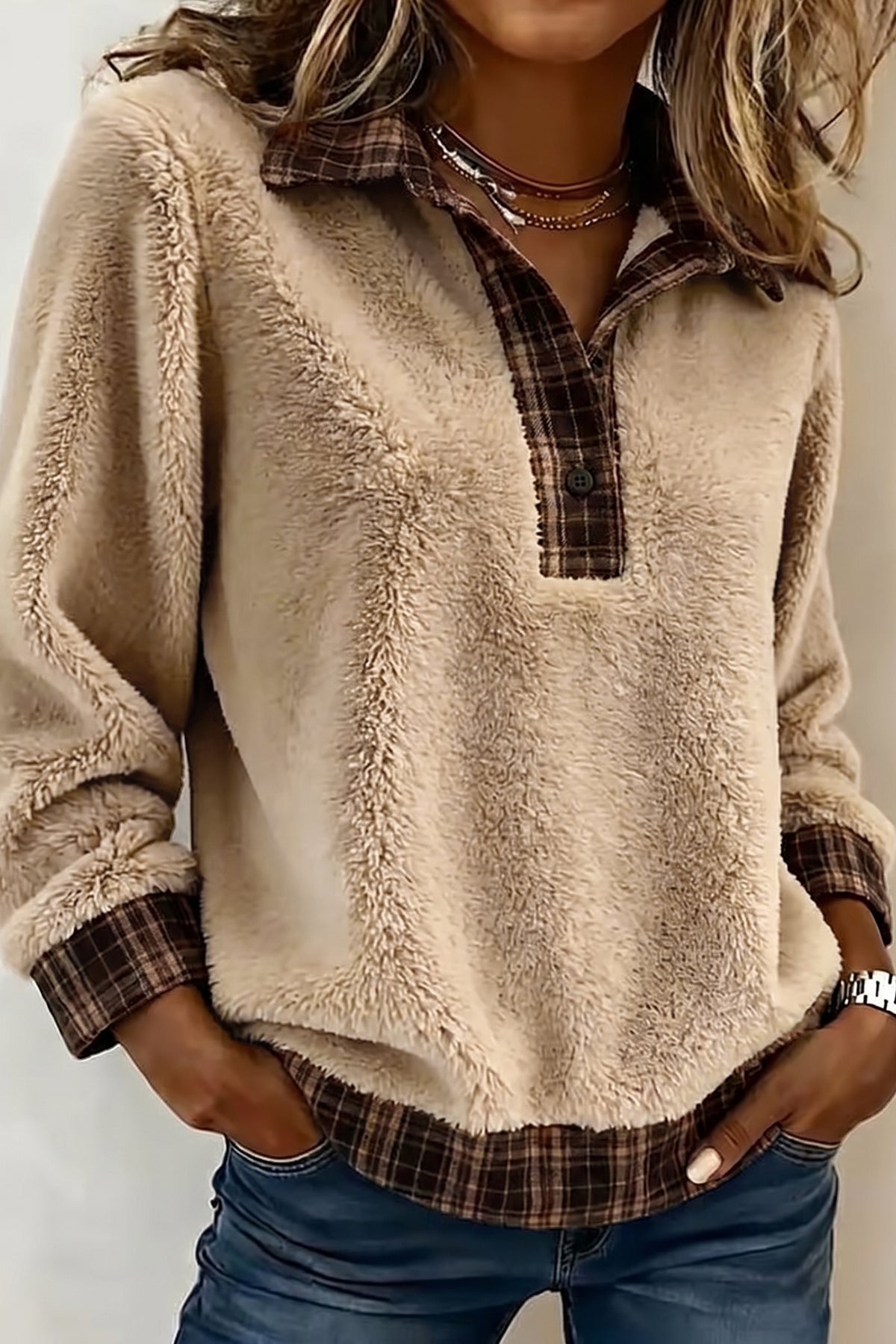 Light French Beige Plaid Collar Fleece Pullover Sweatshirt