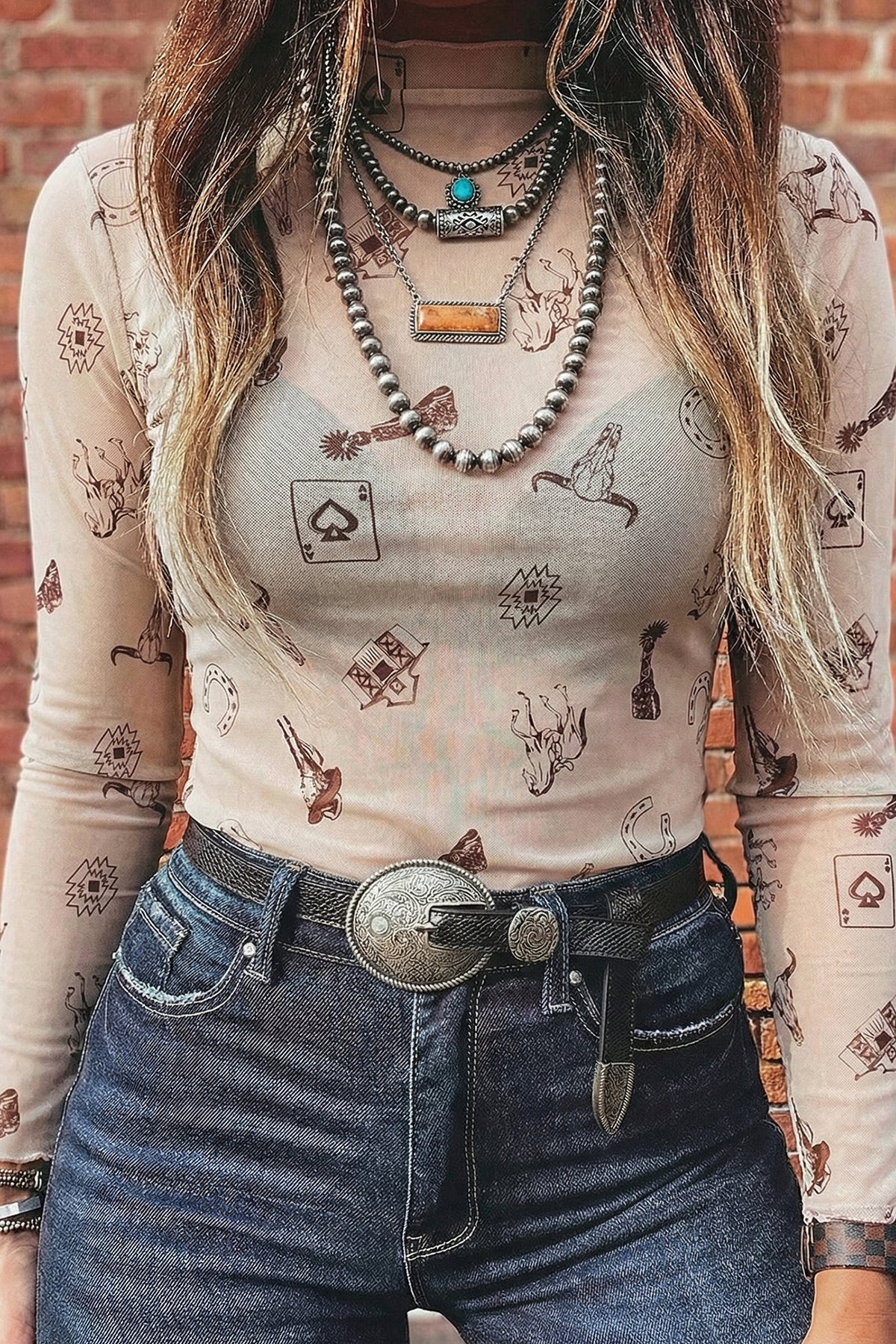 Apricot Floral Print Mesh Long Sleeve Mock Neck Top