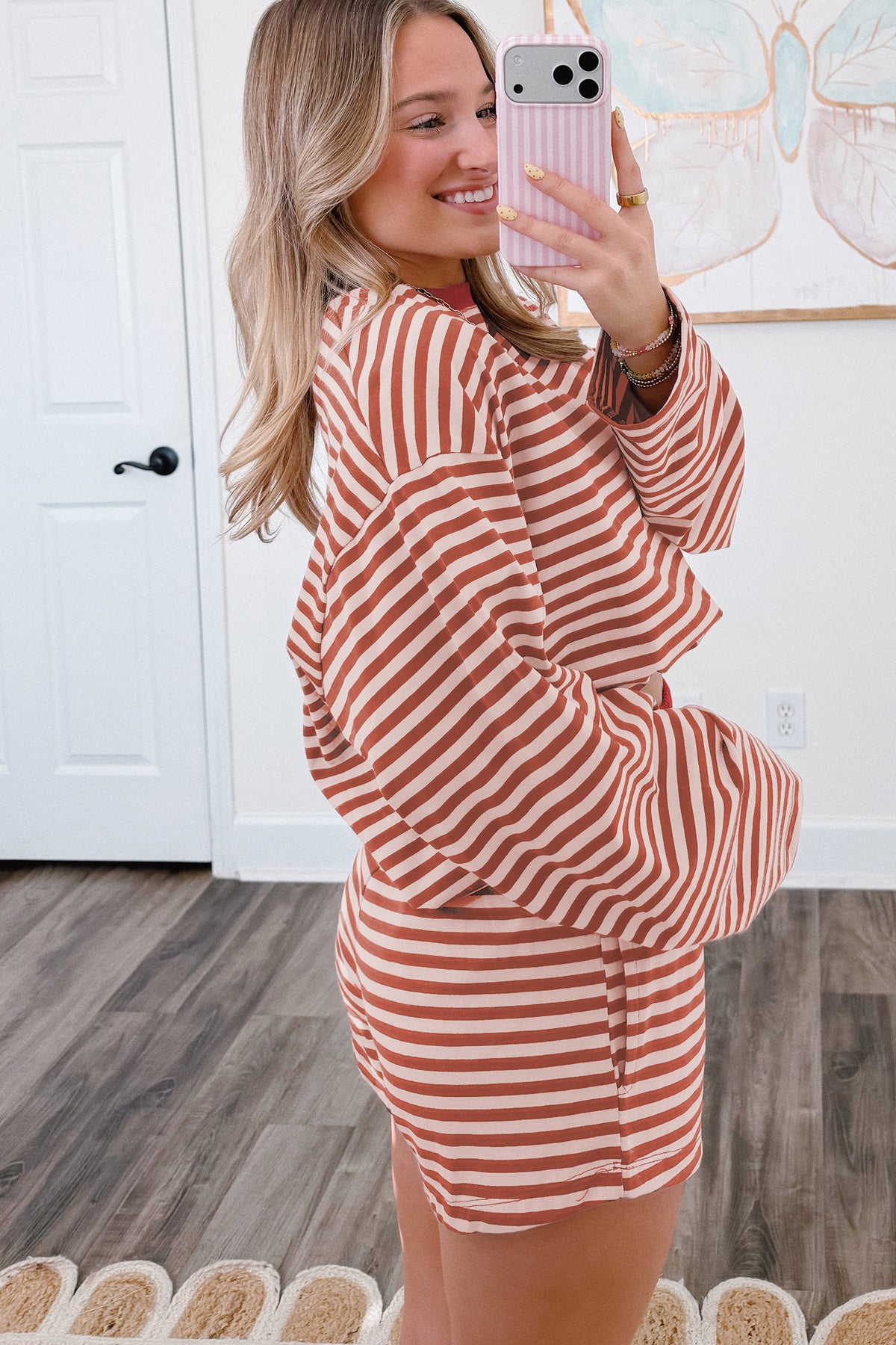 Women's Brown Stripe Relaxed Long-Sleeve Top Contrast Elastic Waistband Shorts Set
