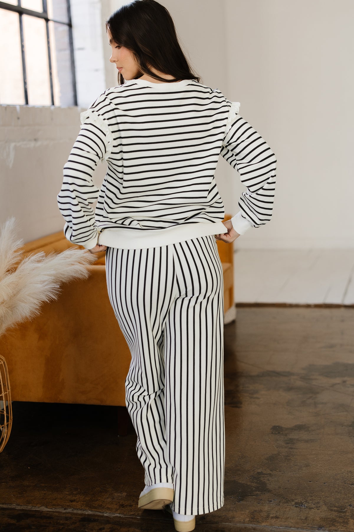 Women's White Stripe Ruffle Trim Drop Shoulder Top & Pants Two-Piece Set