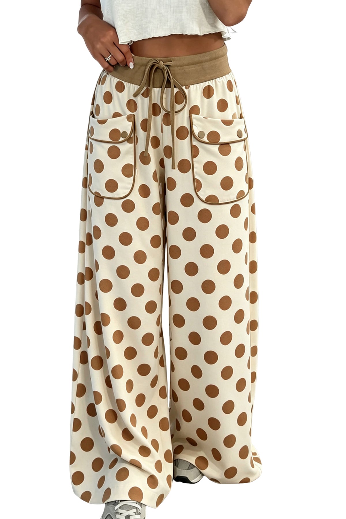 Brown Polka Dot Drawstring Pocket Wide Leg Pants