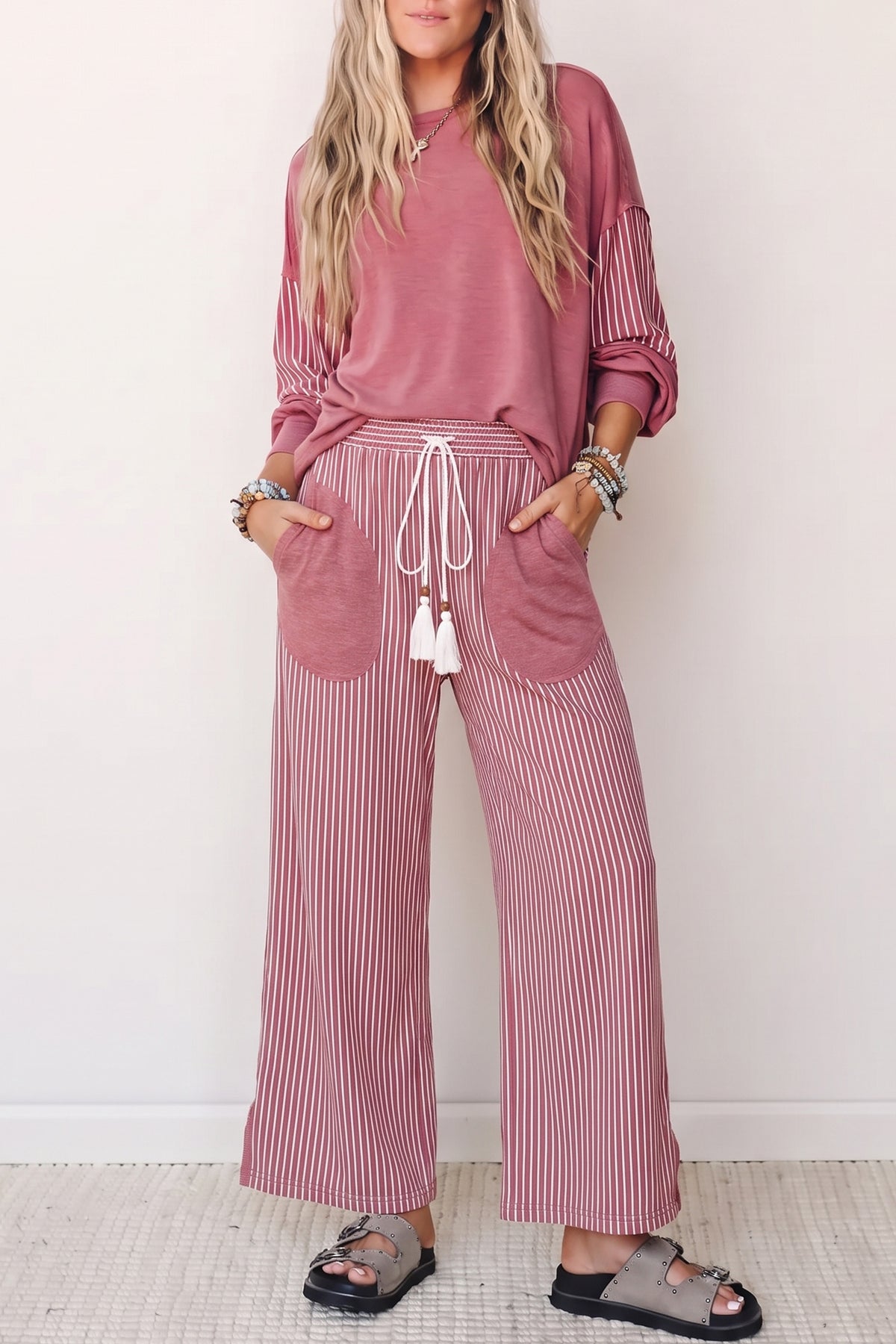 Women's Fushia Raw Seam Patchwork Long-Sleeve Top Pocket Casual Pants Two-Piece Set