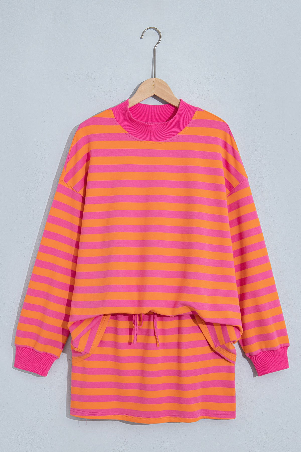 Women's Orange Stripe Color Block Patchwork Mock Neck Pullover Drawstring Mini Skort Set