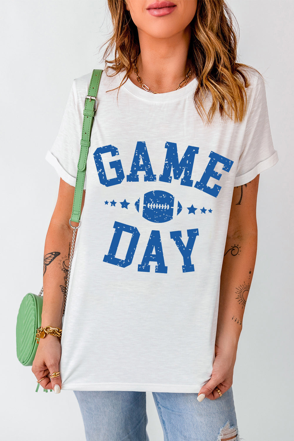 White GAME DAY Rugby Football Graphic Crewneck T-Shirt