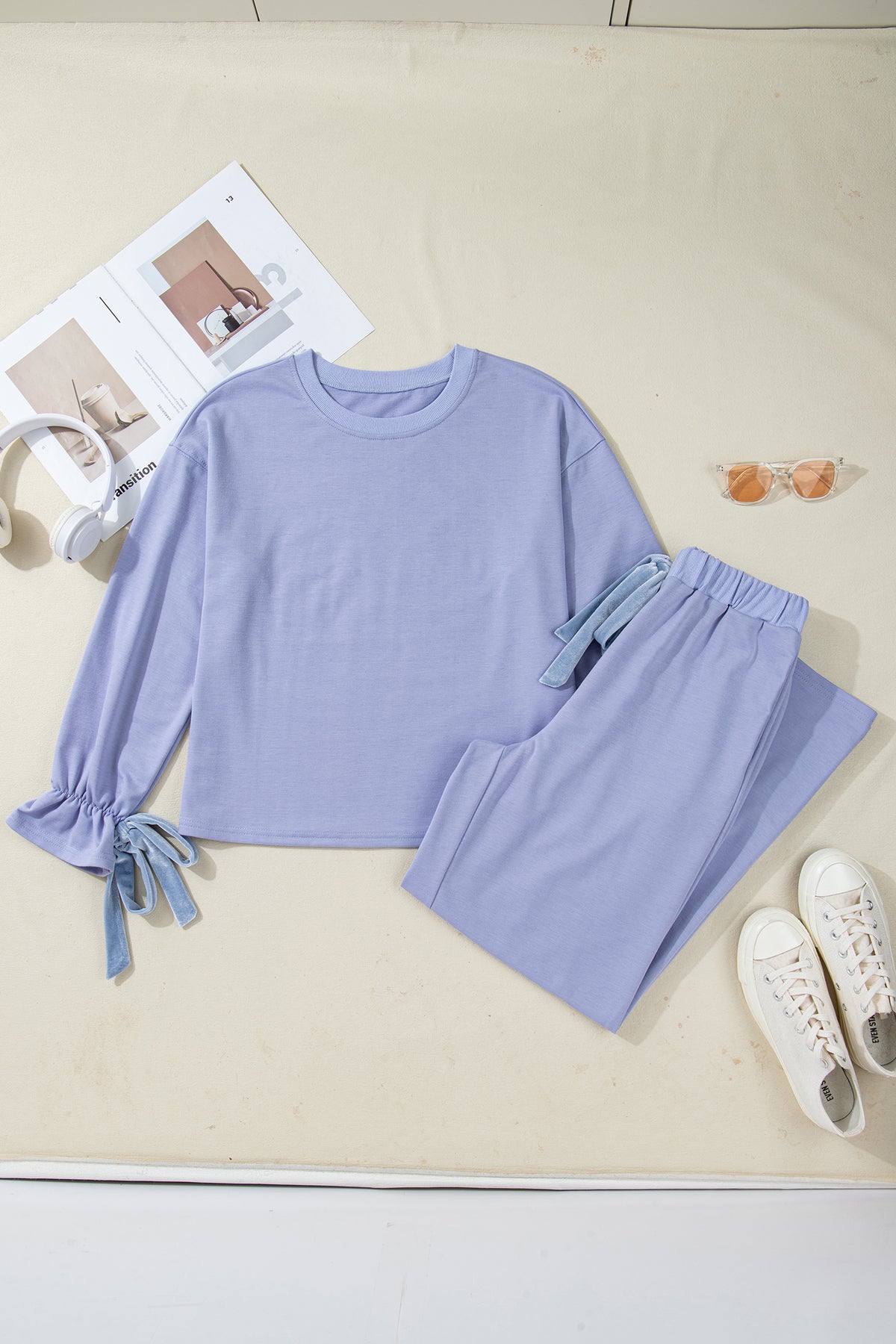 Beau Blue Flounce Long Sleeve Top Drawstring Pants Contrast Velvet Bow Lounge Set