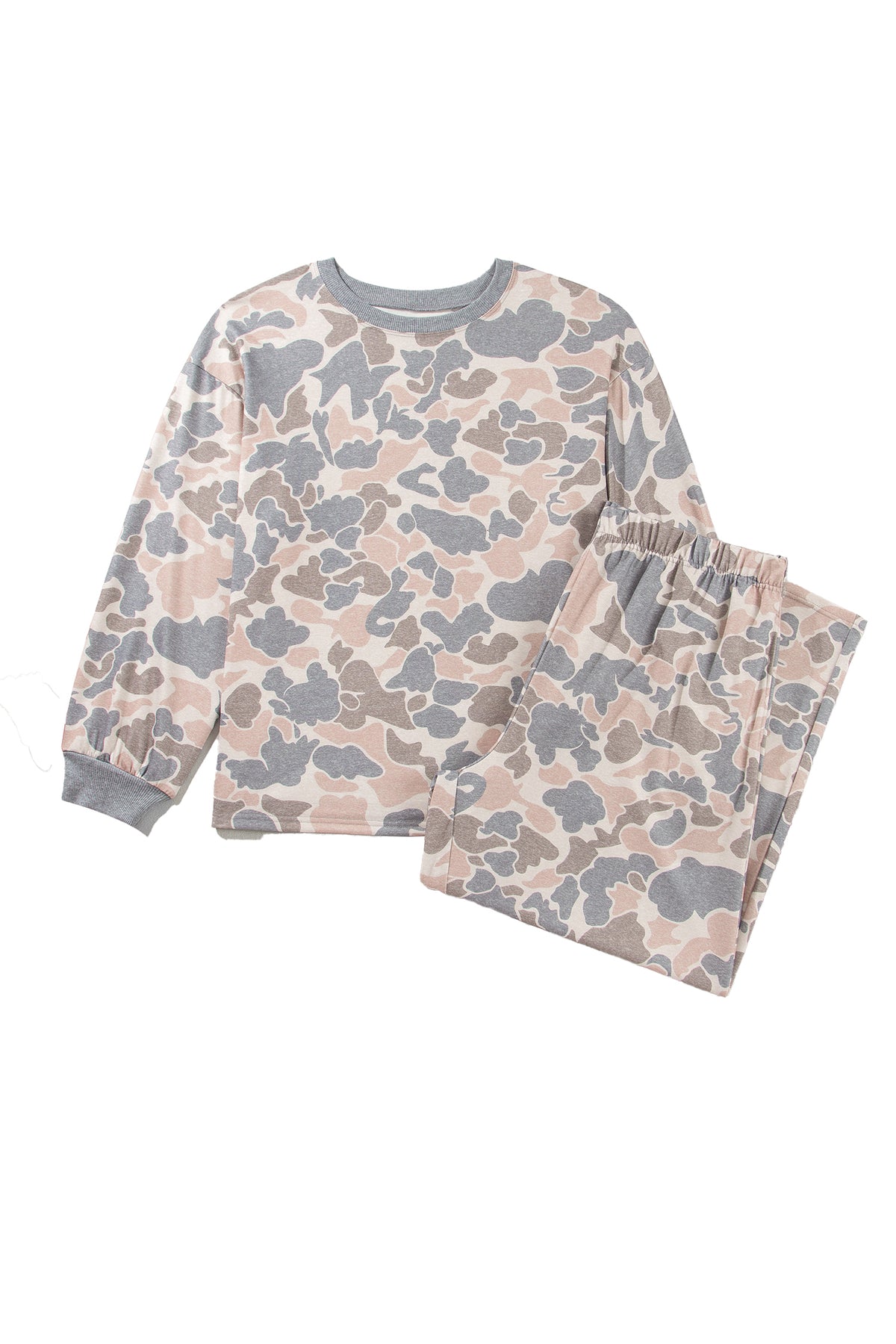 Multicolour Camouflage Long-Sleeve Round-Neck Two-Piece Plus Size Set