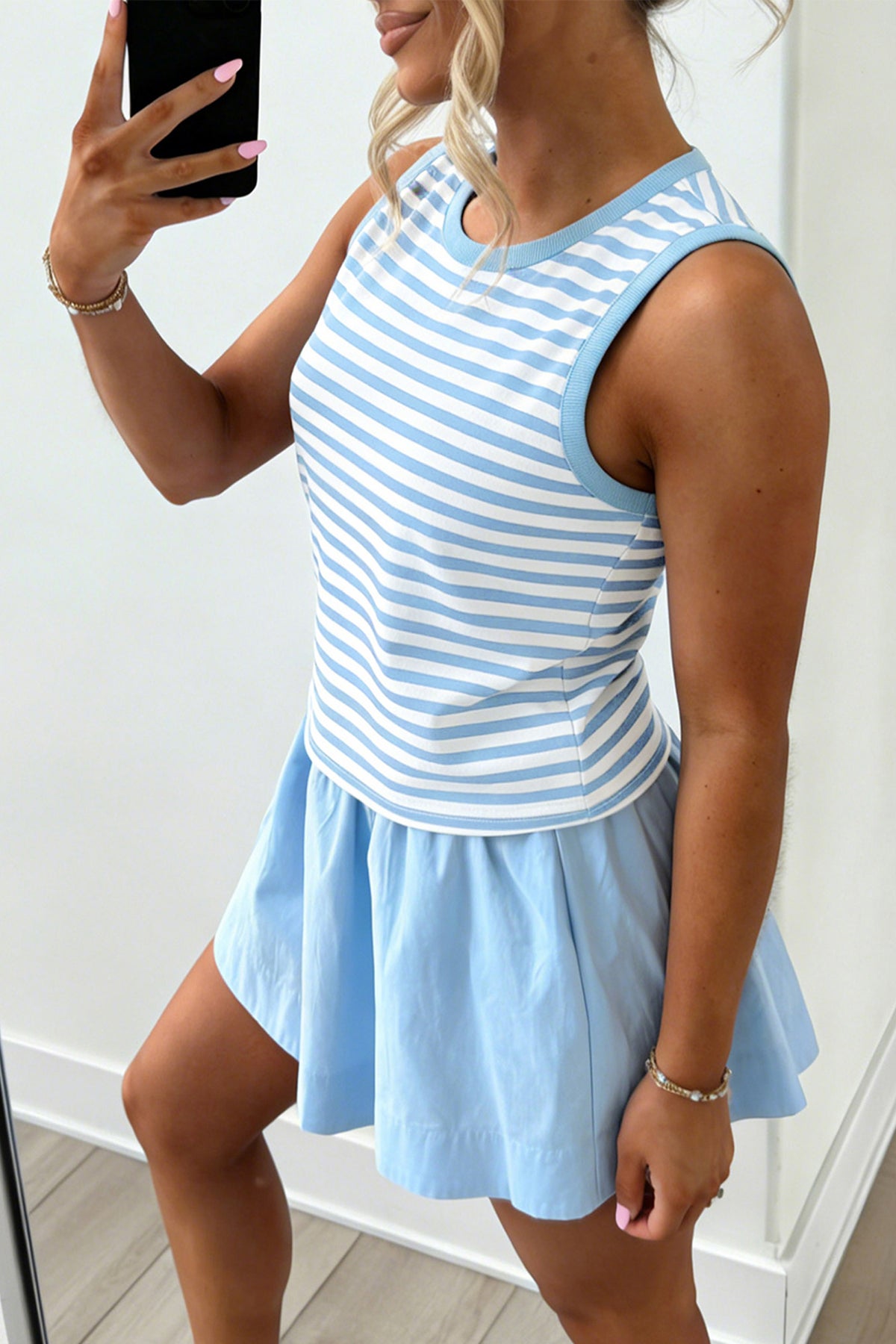 Women's Sky Blue Stripe Slim Tank Contrast Ruffle Mini Skort Set