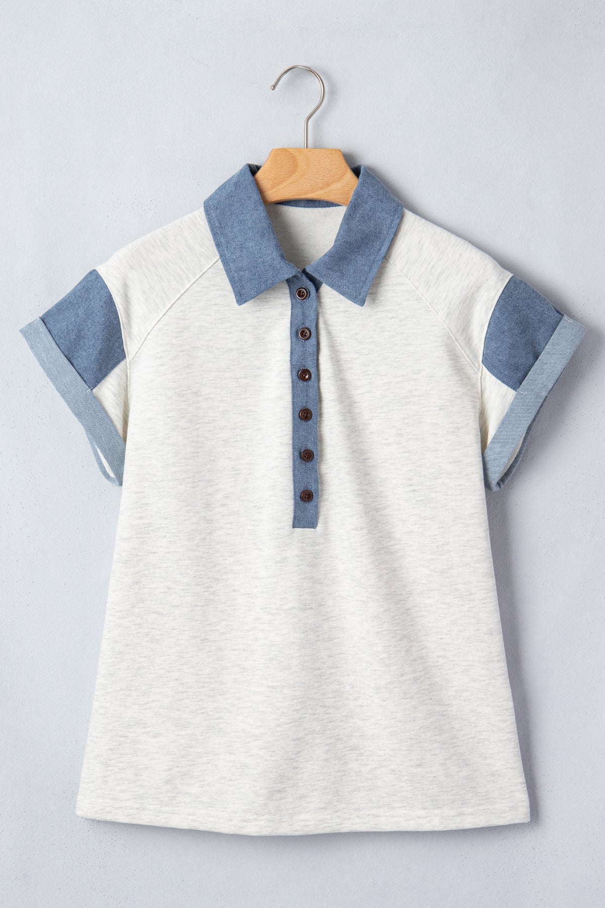 Carbon Grey Denim Color Block Patchwork Shirt Collar Short Sleeve Blouse