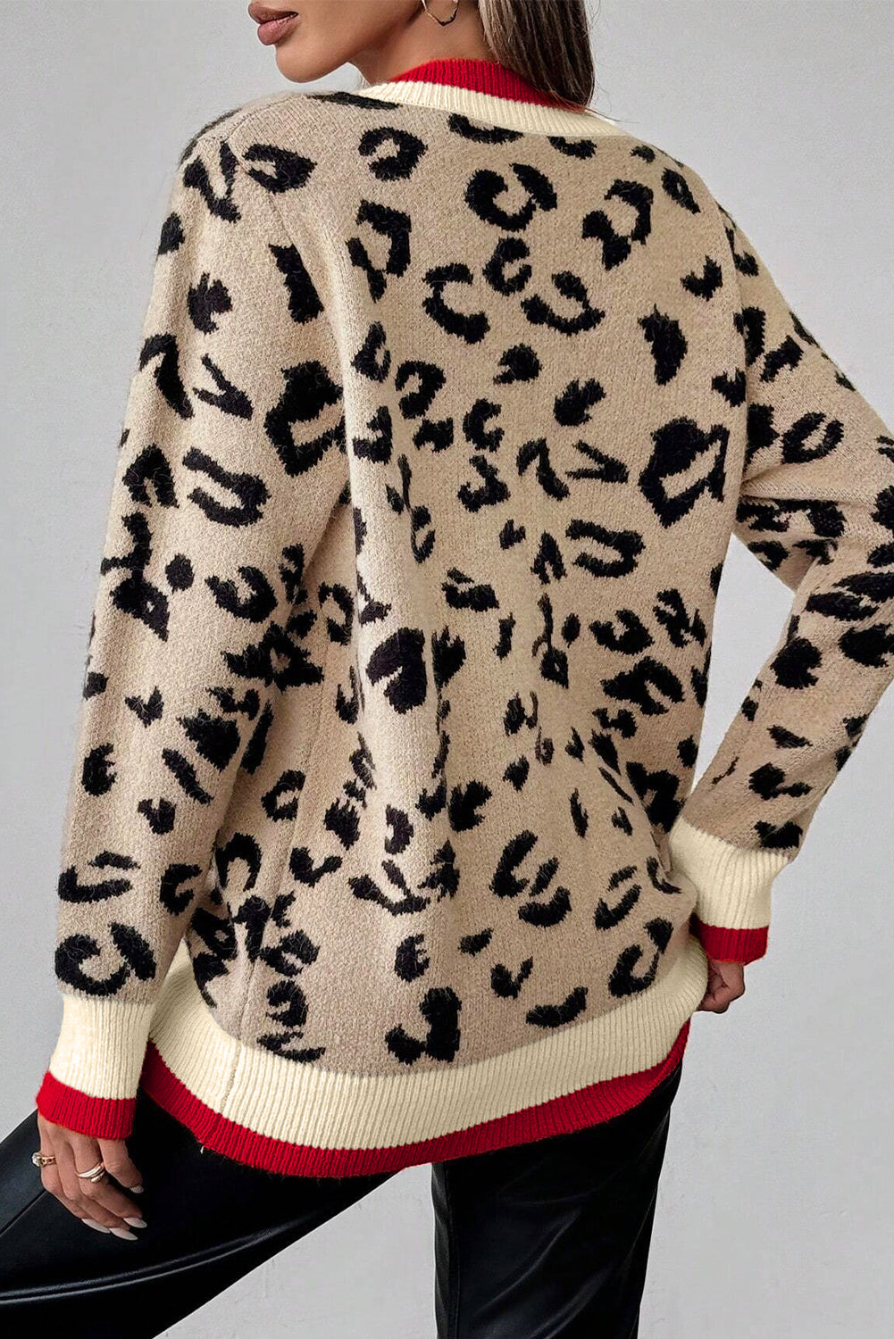 Khaki Leopard Pattern V-Neck Contrast Rib Knitted Sweater