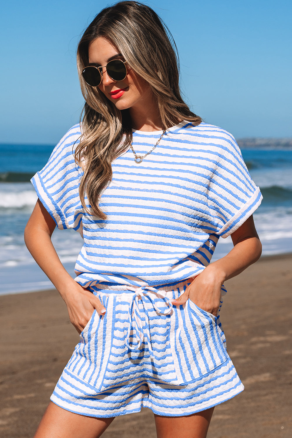 Women's Pink Stripe Knitted Short-Sleeve Top & Shorts Set
