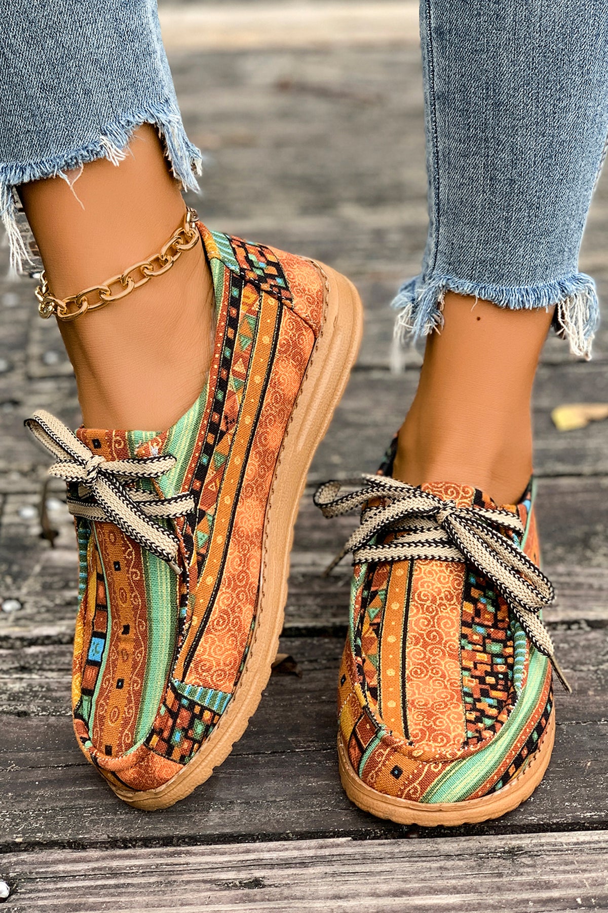 Mustard Ethnic Artistic Print Lace-up Comfort Loafer Shoes
