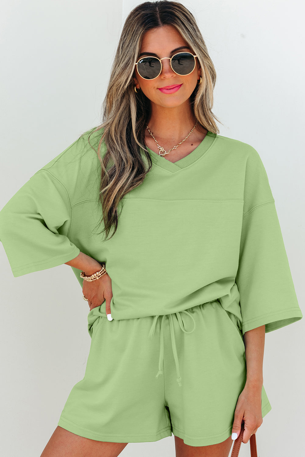Women's Meadow Mist Green Solid V-Neck Half Sleeve Tee and Shorts Set
